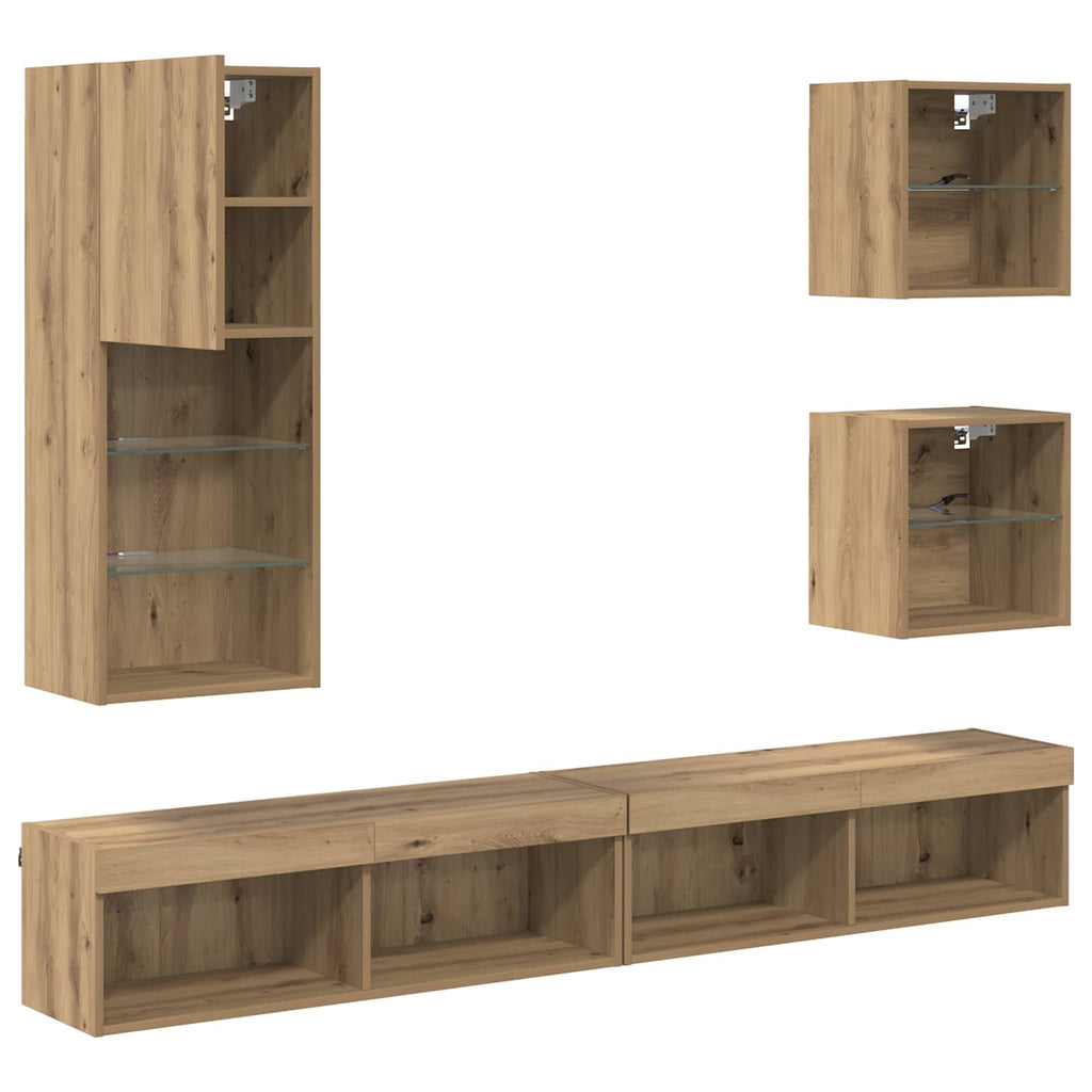 TV Wall Units with LED Wall-mounted 5 pcs Artisan Oak Engineered Wood
