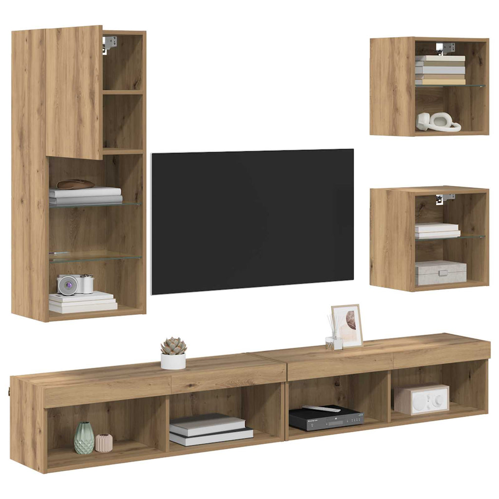 TV Wall Units with LED Wall-mounted 5 pcs Artisan Oak Engineered Wood