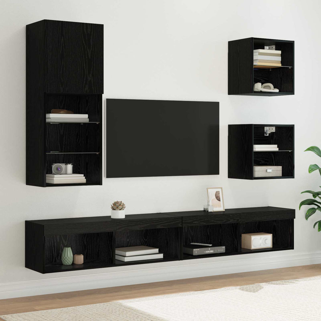 TV Wall Units with LED Wall-mounted 5 pcs Black Oak Engineered Wood