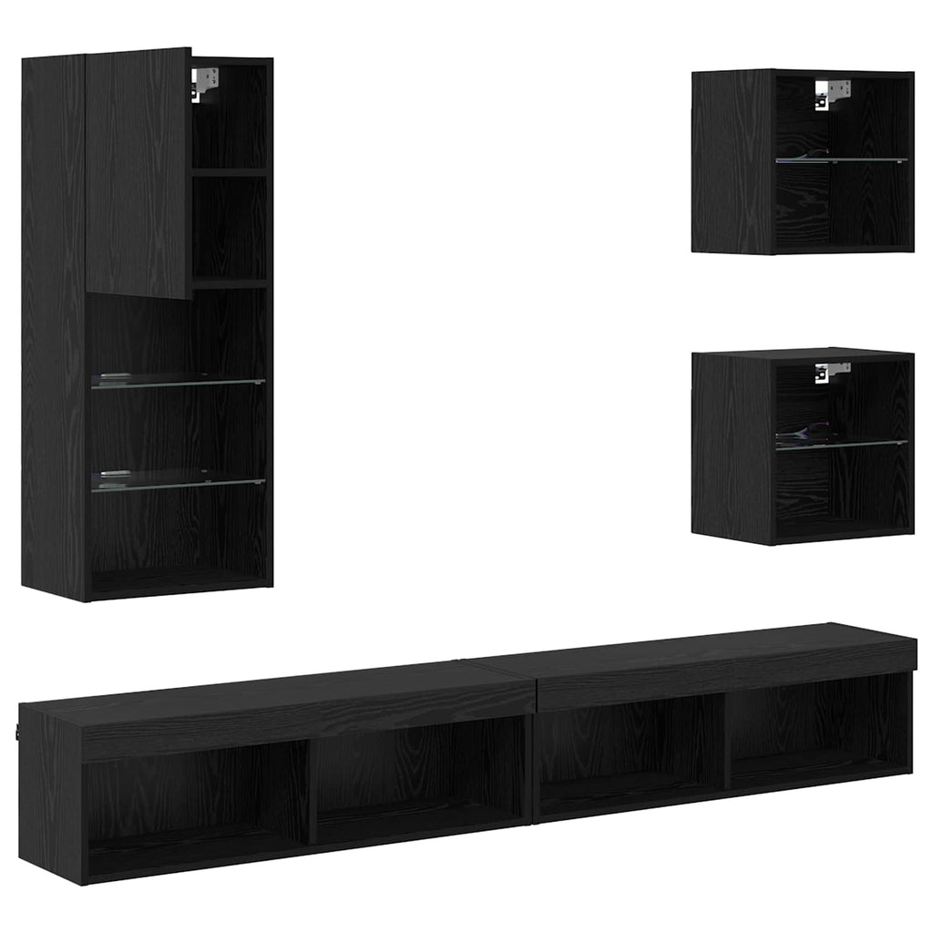 TV Wall Units with LED Wall-mounted 5 pcs Black Oak Engineered Wood