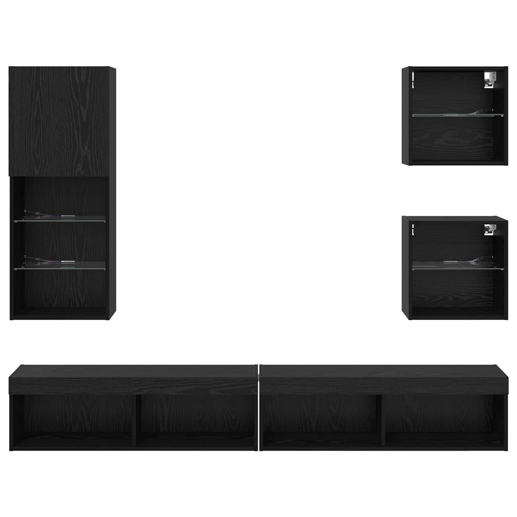 TV Wall Units with LED Wall-mounted 5 pcs Black Oak Engineered Wood