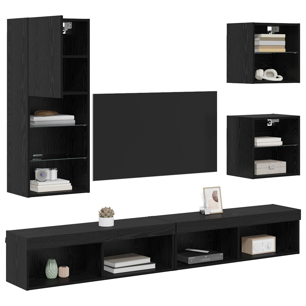 TV Wall Units with LED Wall-mounted 5 pcs Black Oak Engineered Wood