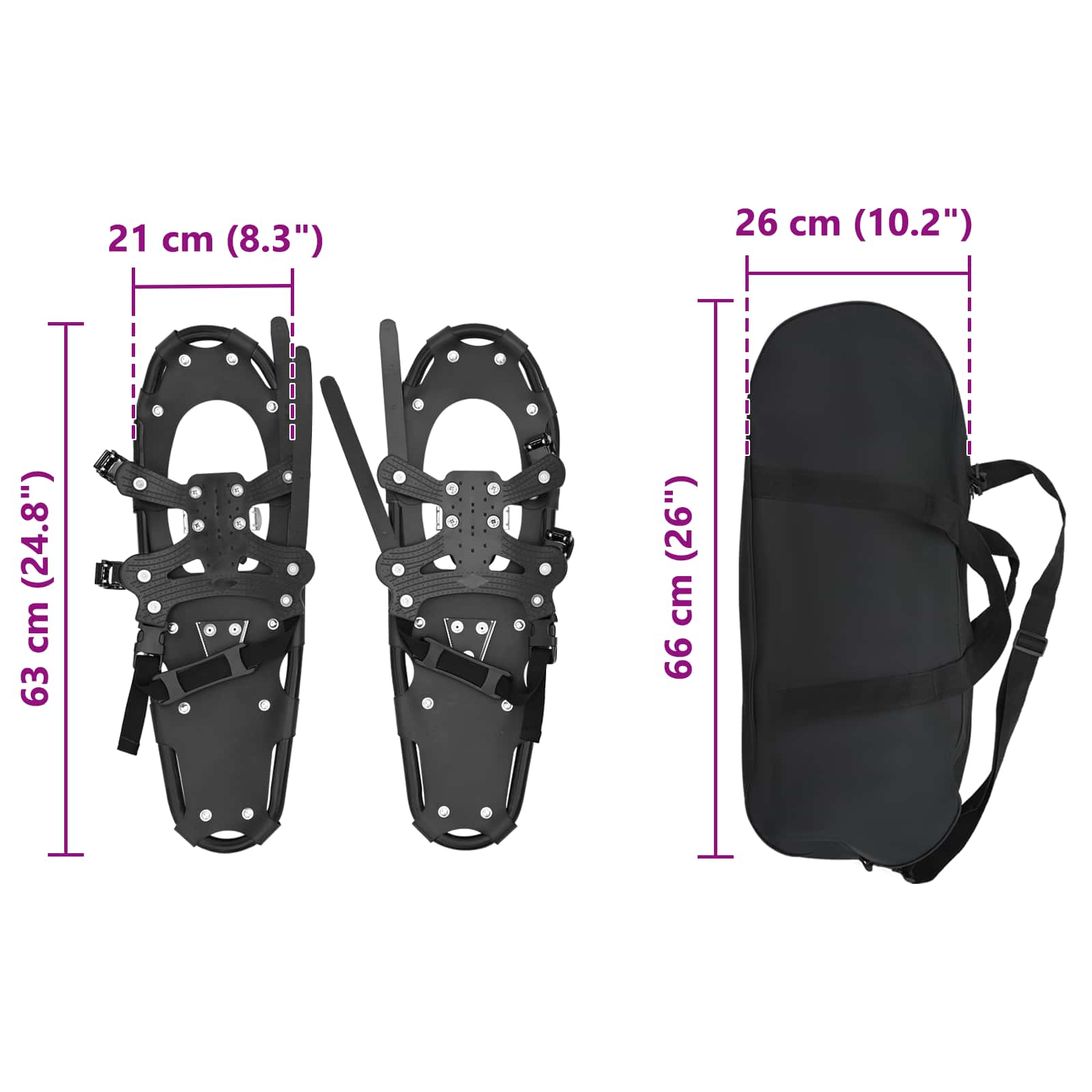 3 in 1 Snowshoes Black 25 inches Aluminum and HDPE