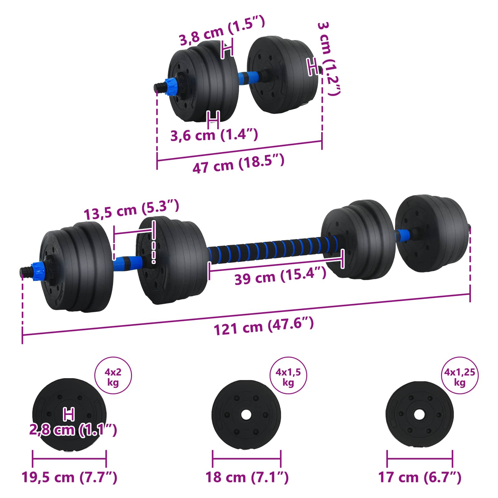 2-in-1 Dumbbell Set Black and Blue 121 x 19.5 x 19.5 cm