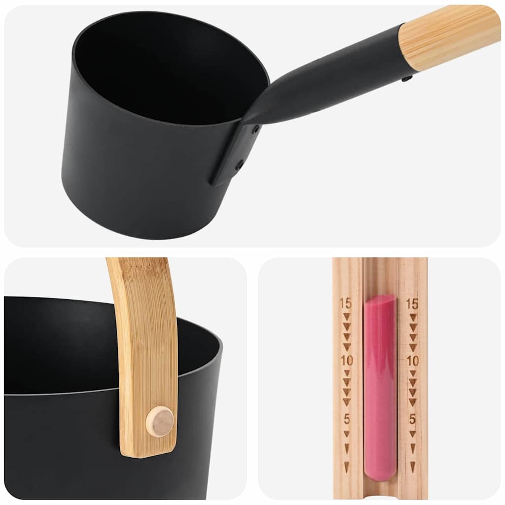 Sauna Accessory Set 4 pcs Black Aluminium and Solid Pine Wood