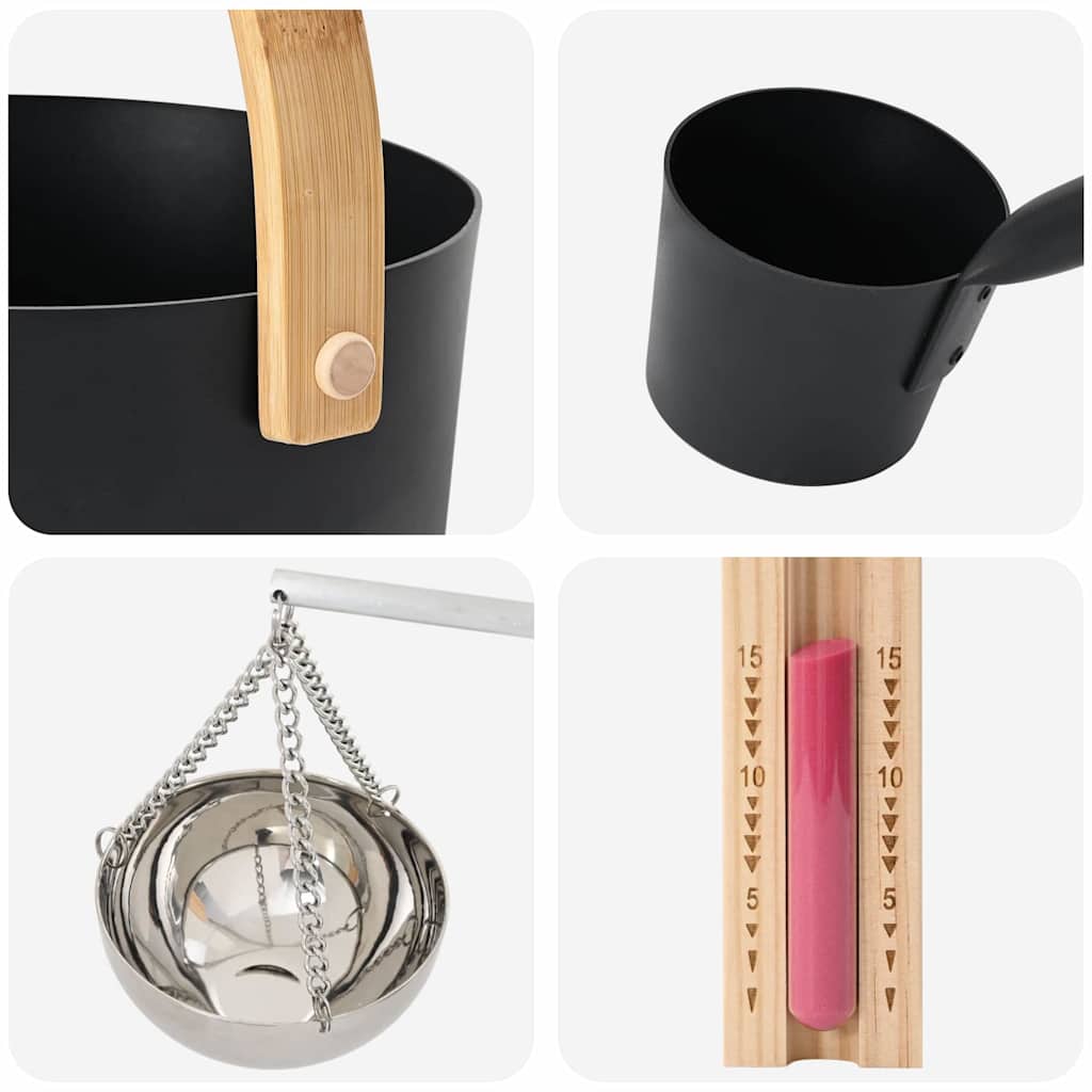 Sauna Accessory Set 5 pcs Black Aluminium and Solid Pine Wood