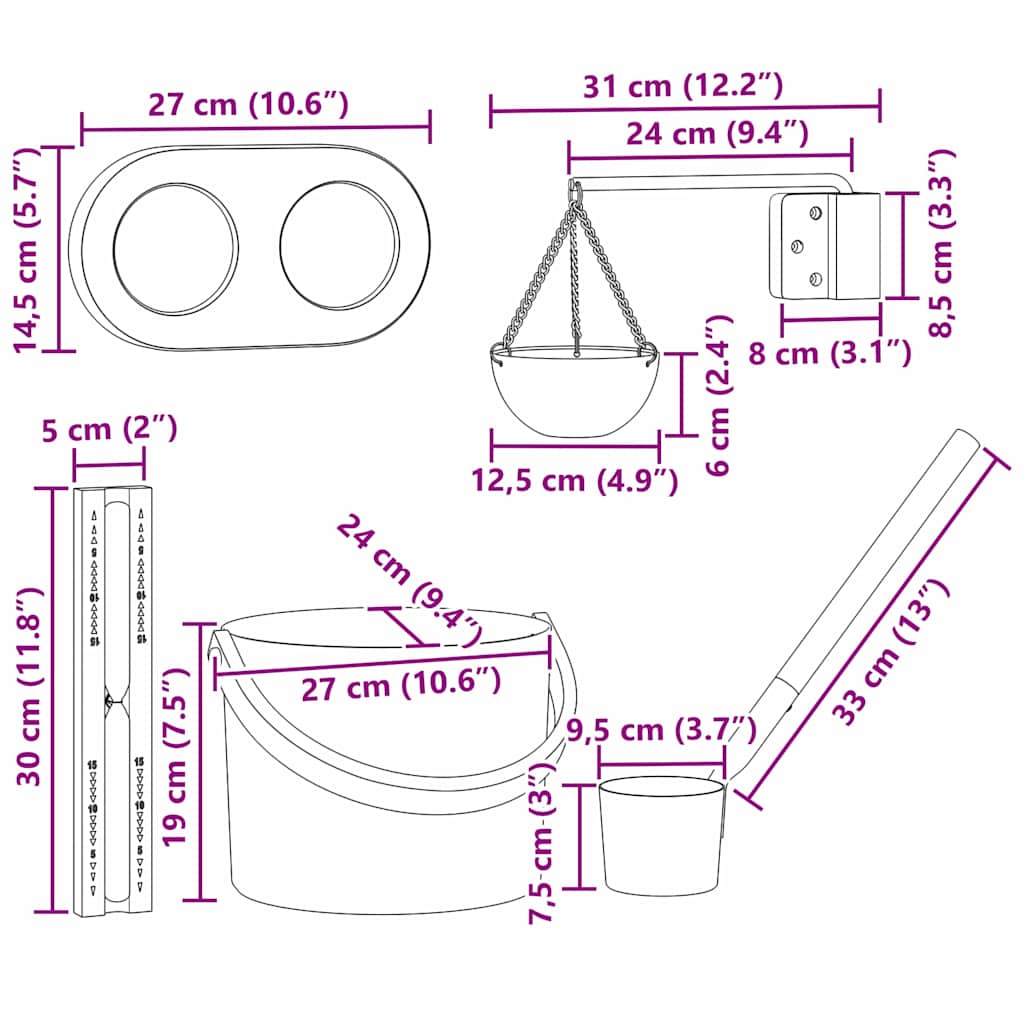 Sauna Accessory Set 5 pcs Black Aluminium and Solid Pine Wood