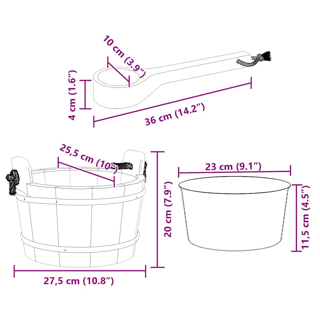 Sauna Bucket 2 pcs Brown Solid Pine Wood and Hemp