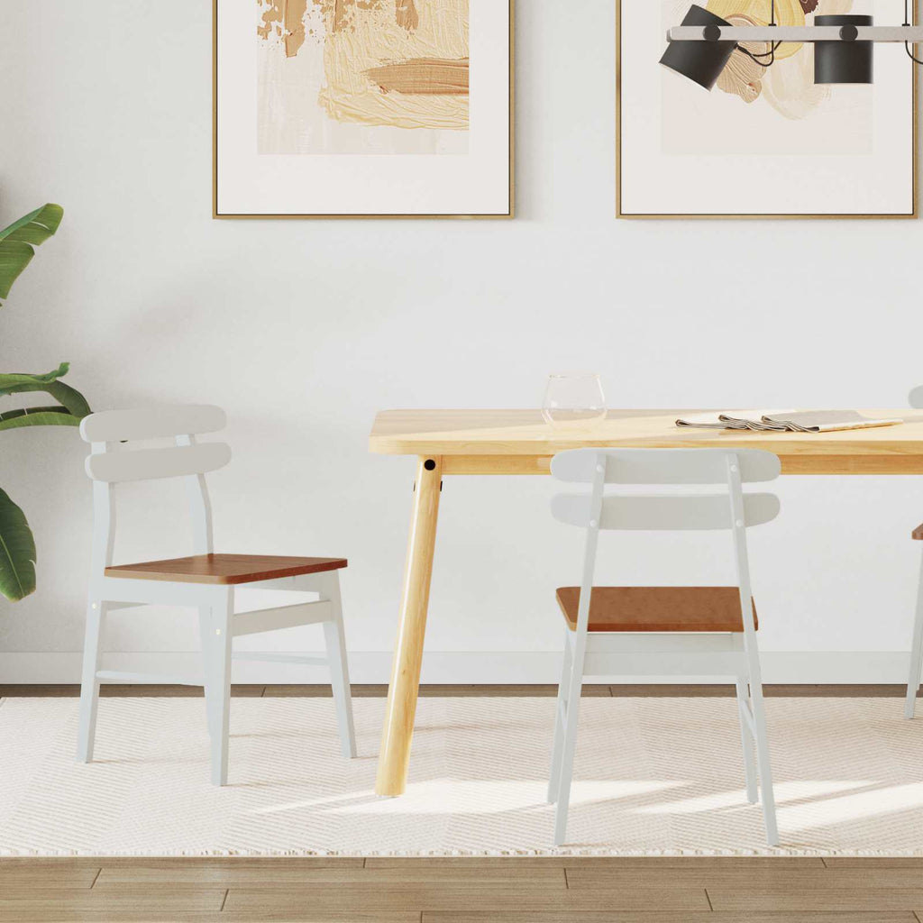 Dining Chair 2 pcs White and Natural Solid Rubber Wood