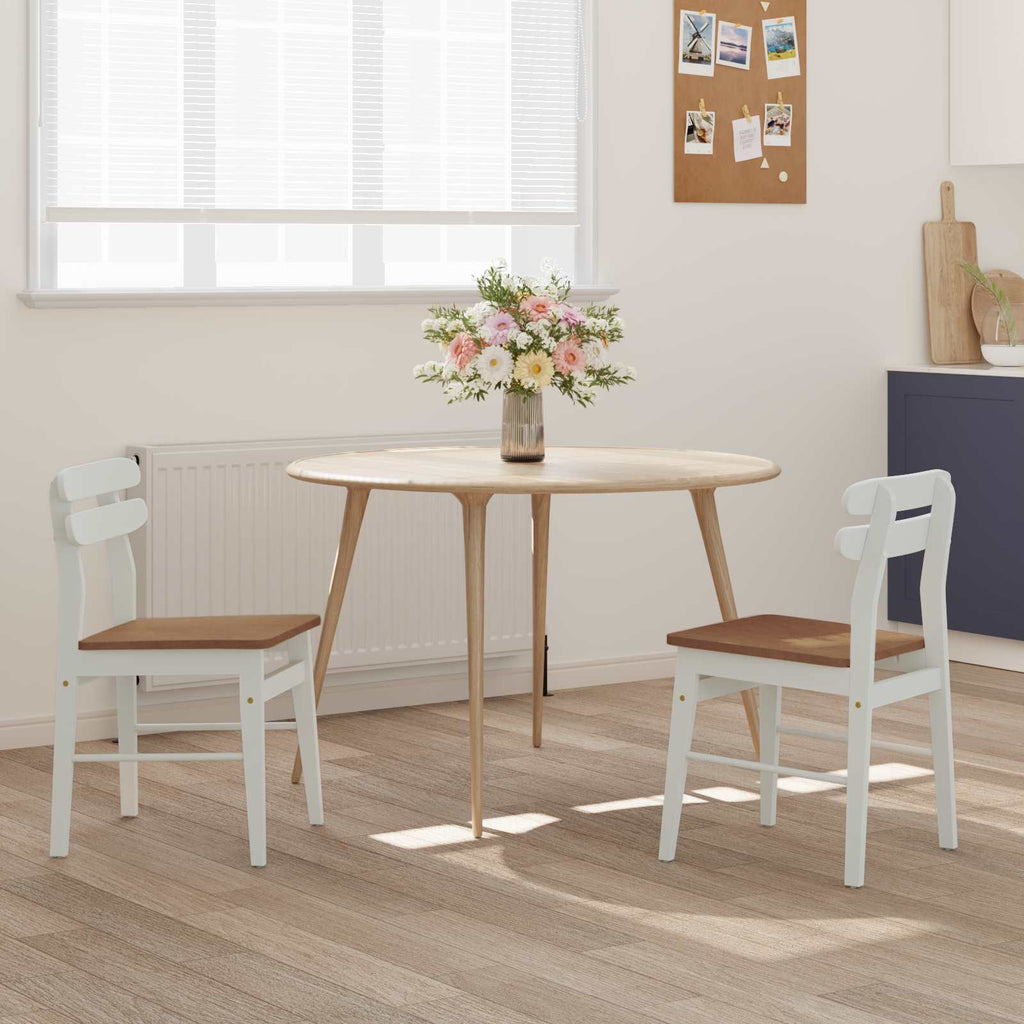 Dining Chair 2 pcs White and Natural Solid Rubber Wood