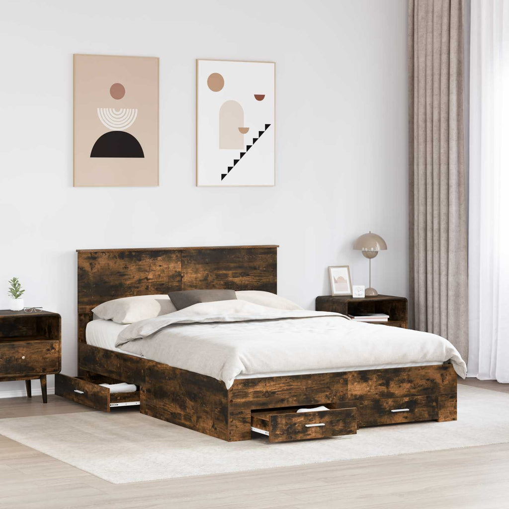 Bed Frame with Drawer Smoked Oak 140 x 200 cm Engineered Wood