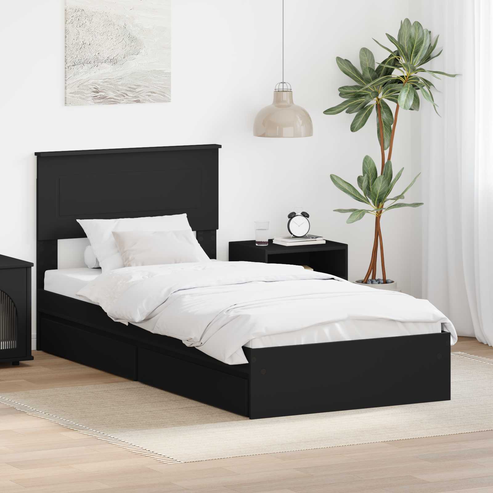 Storage Bed with Headboard Black 75 x 190 cm Engineered Wood