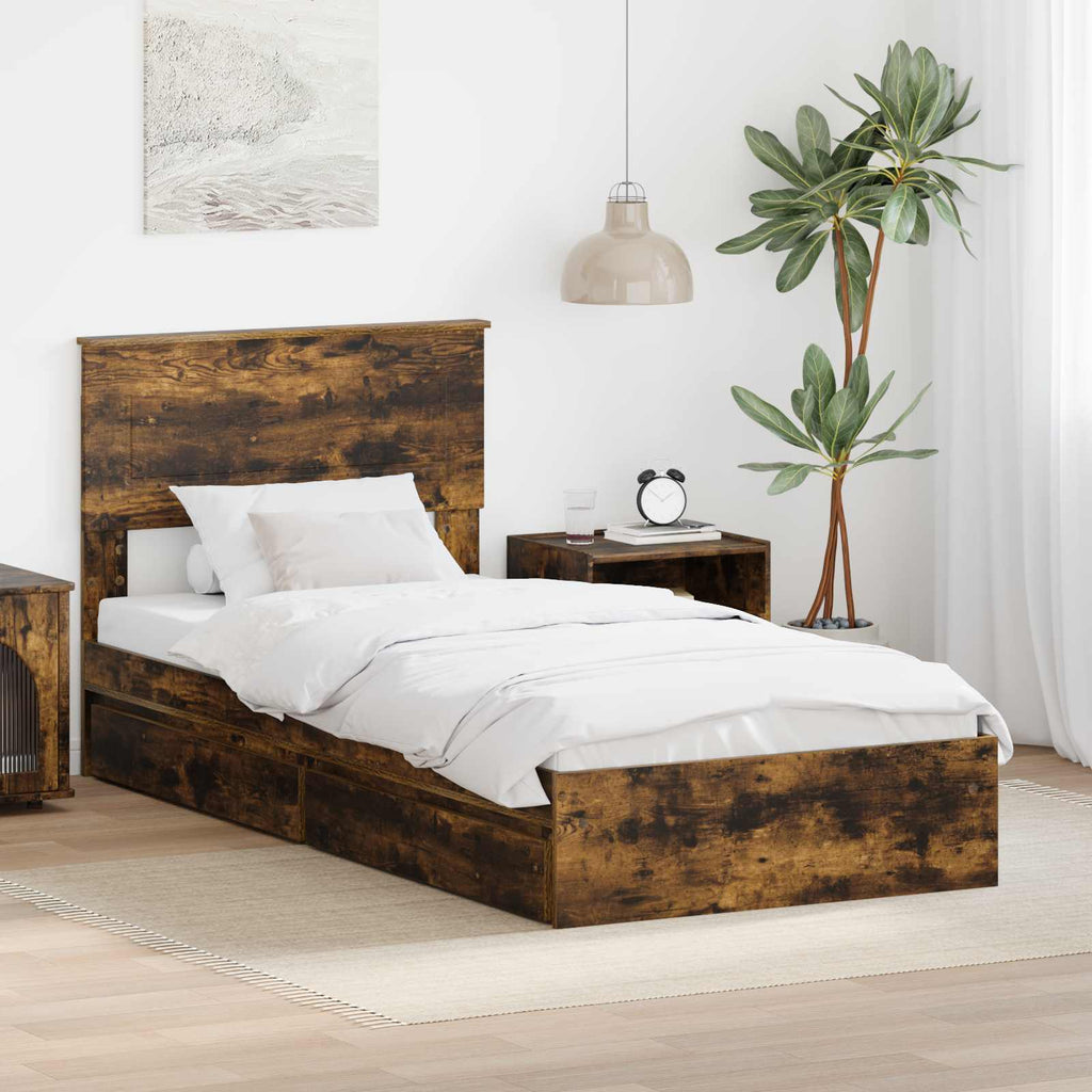 Storage Bed with Drawer Smoked Oak 75 x 190 cm Engineered Wood