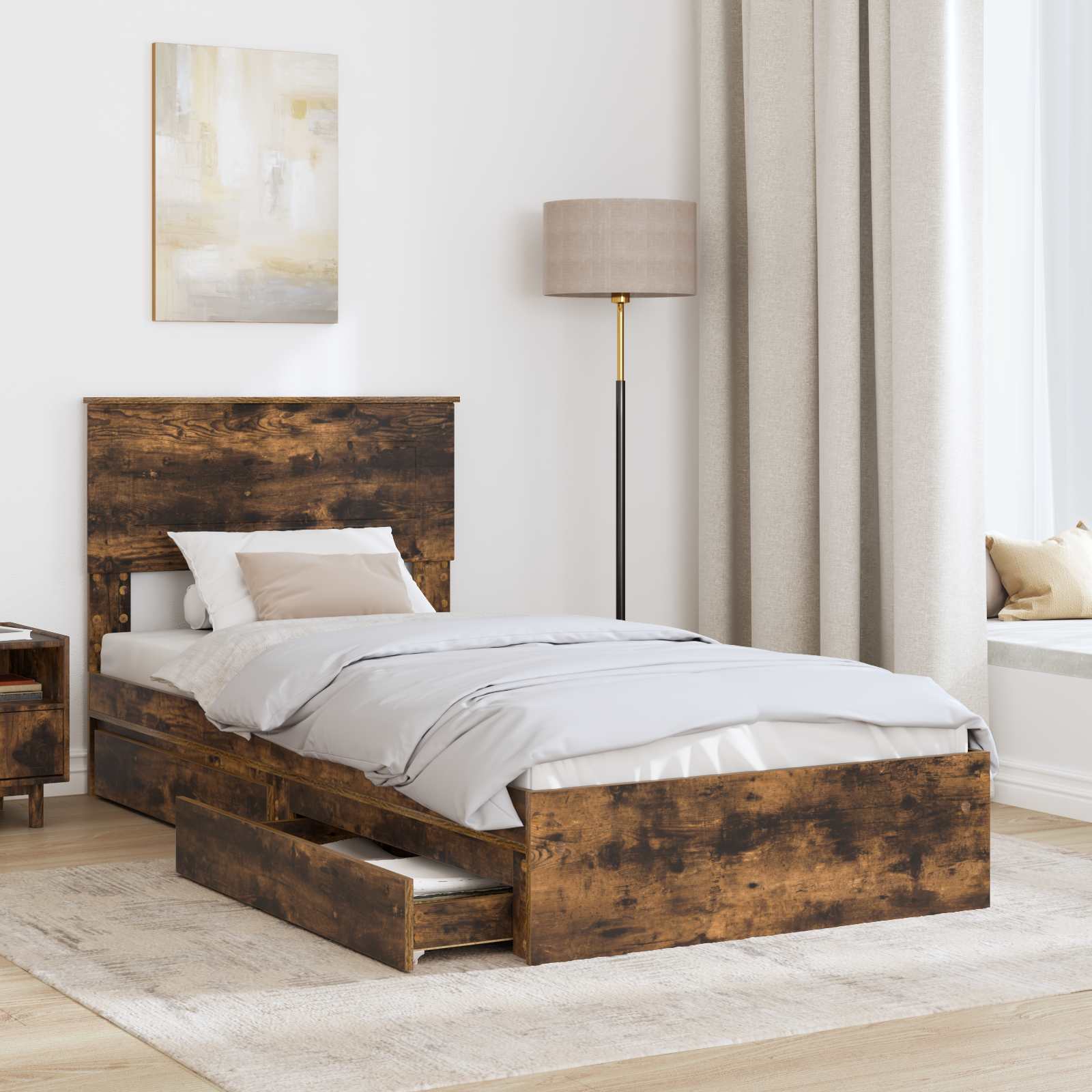 Storage Bed with Drawer Smoked Oak 75 x 190 cm Engineered Wood