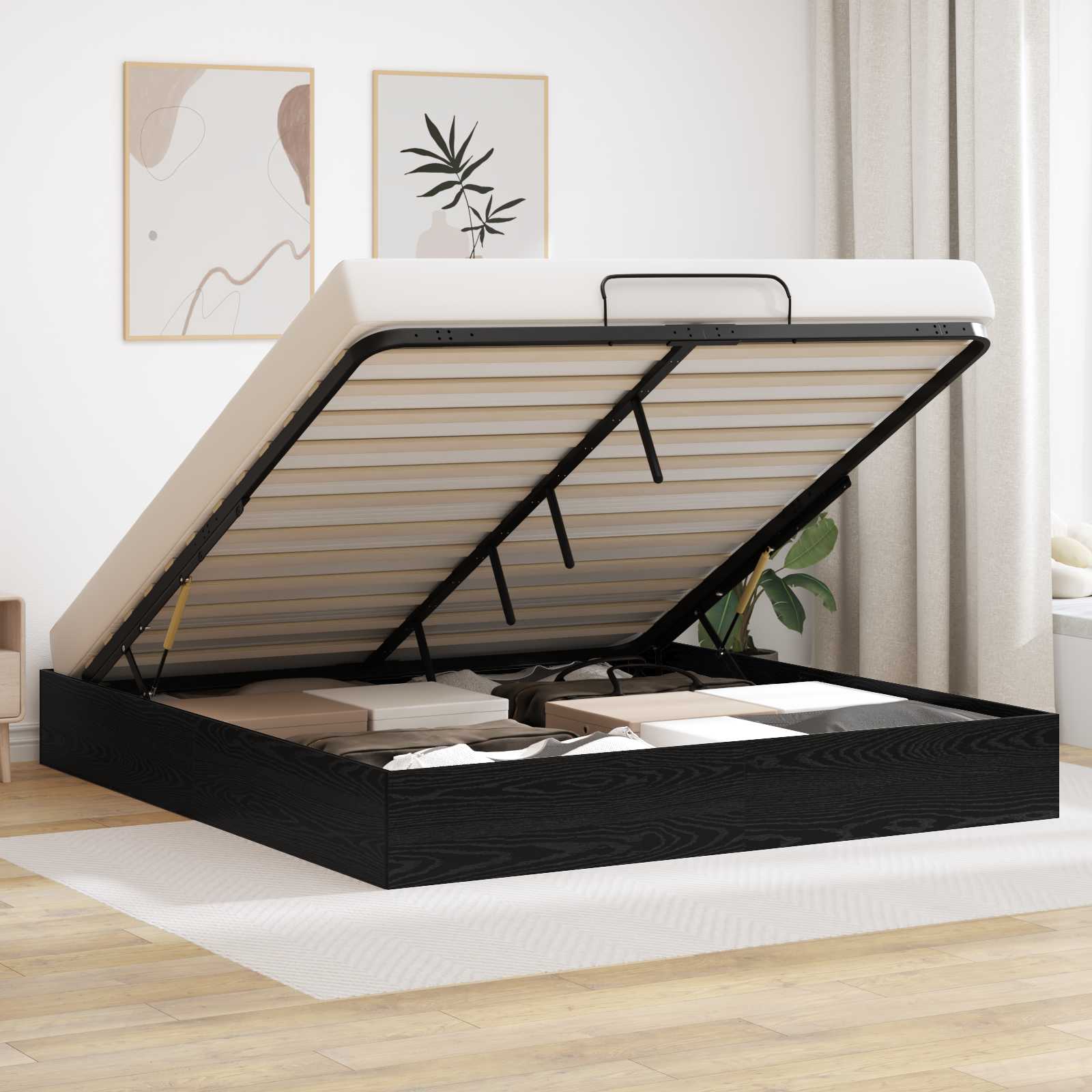 Ottoman Bed Frame Black Oak 203 x 180 x 25 cm Chipboard