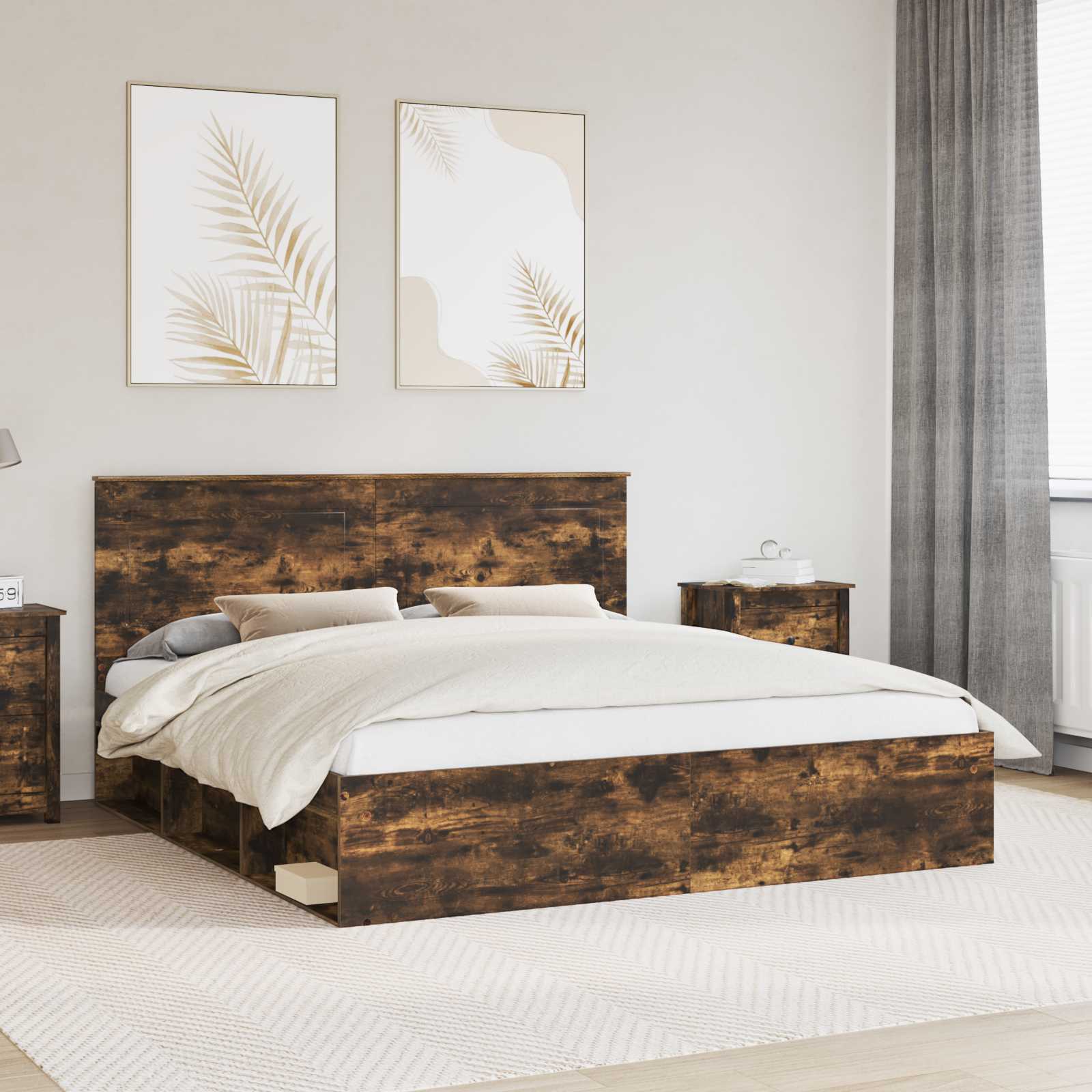 Bed Frame Smoked Oak 200 x 200 cm Solid Pine Wood