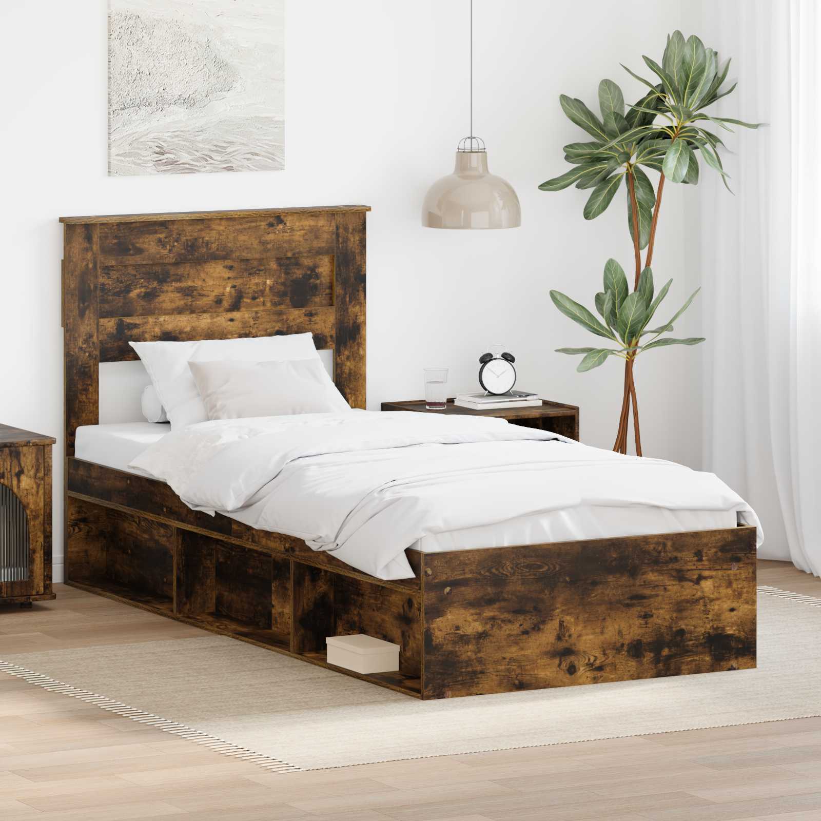 Bed Frame with Mattress Smoked Oak 90 x 200 cm Solid Pine Wood