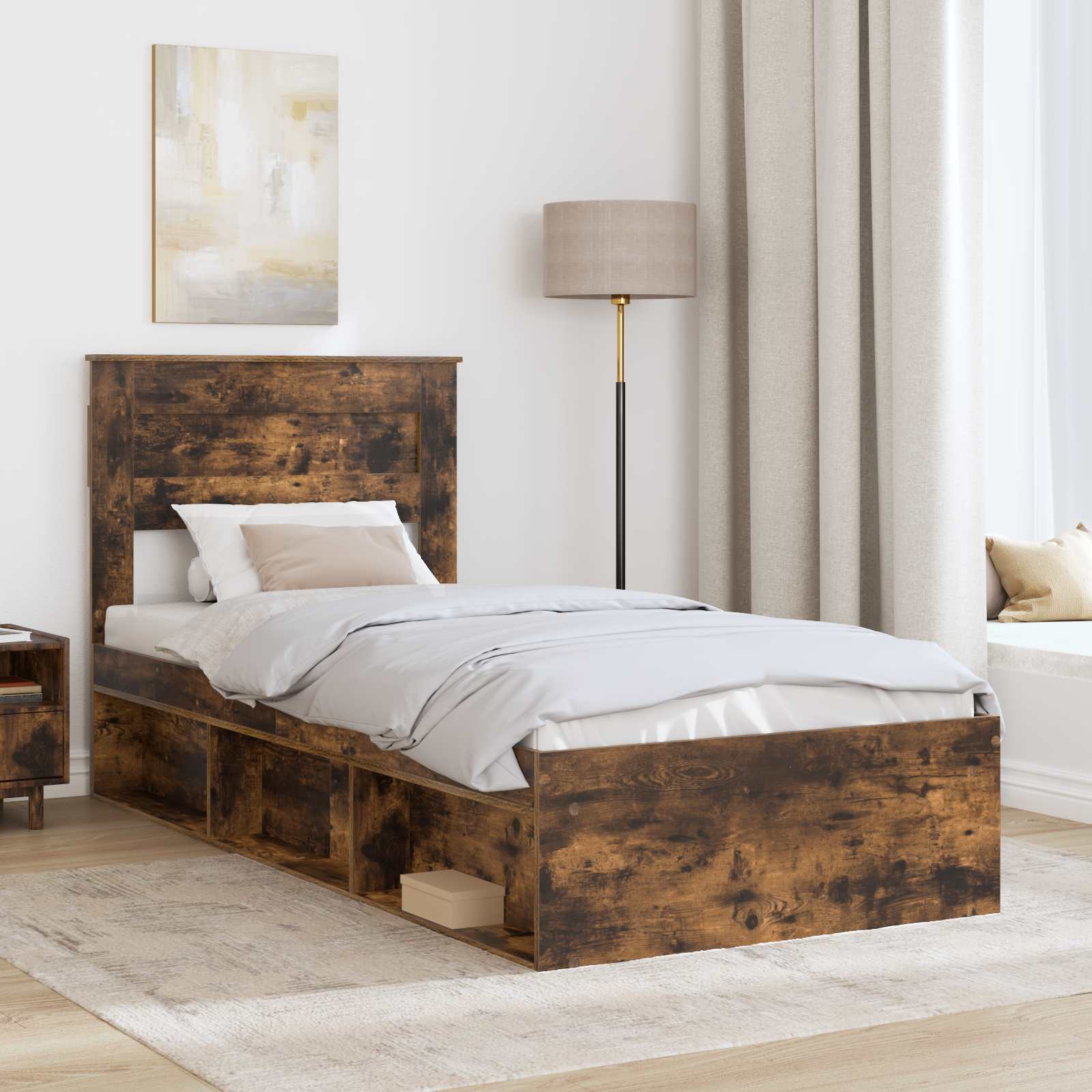Bed Frame with Mattress Smoked Oak 90 x 200 cm Solid Pine Wood