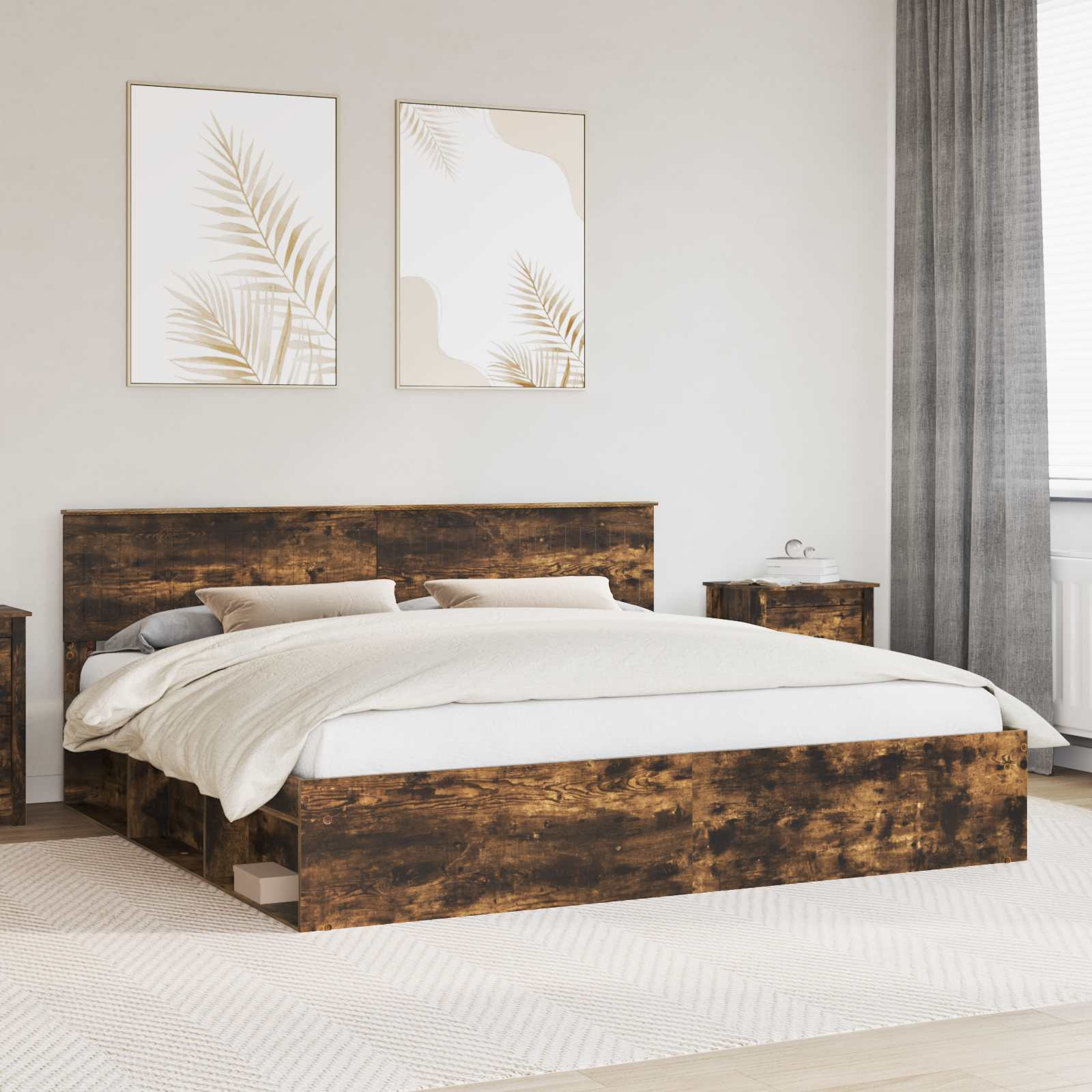 Bed Frame Smoked Oak 200 x 200 cm Solid Pine Wood