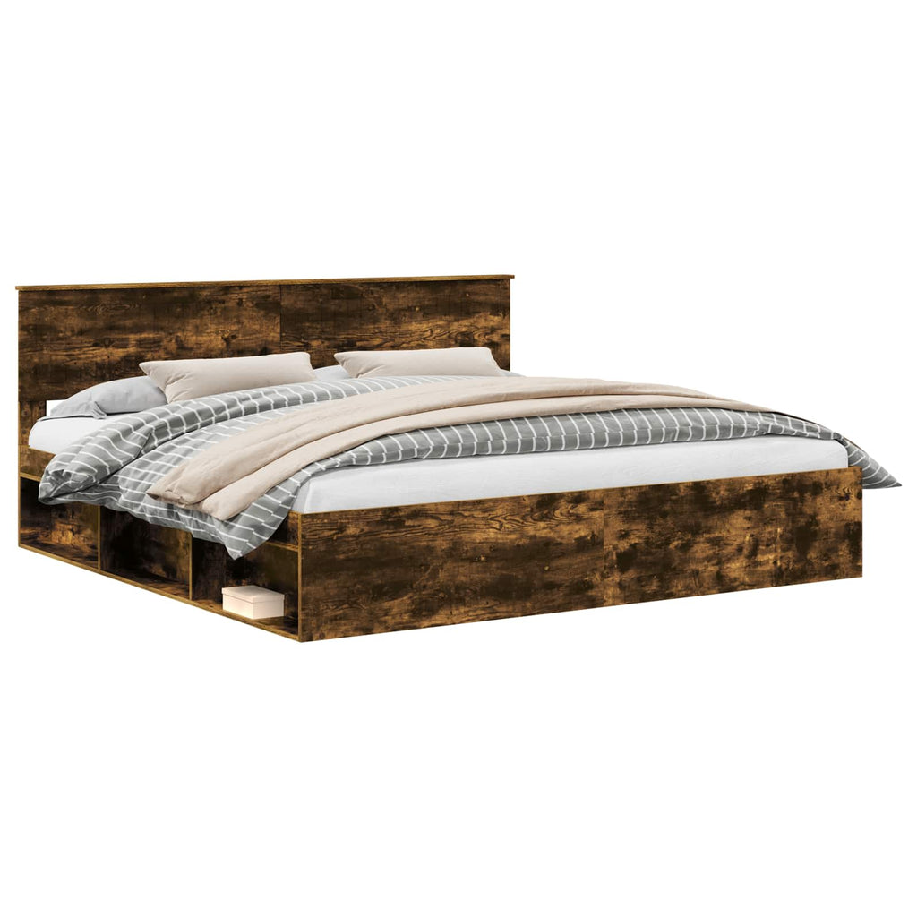 Bed Frame Smoked Oak 200 x 200 cm Solid Pine Wood