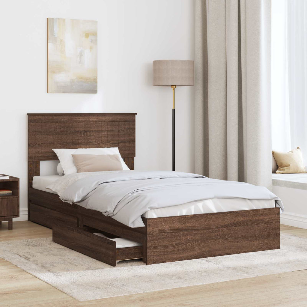 Storage Bed with Drawer Brown Oak 100 x 200 cm Engineered Wood