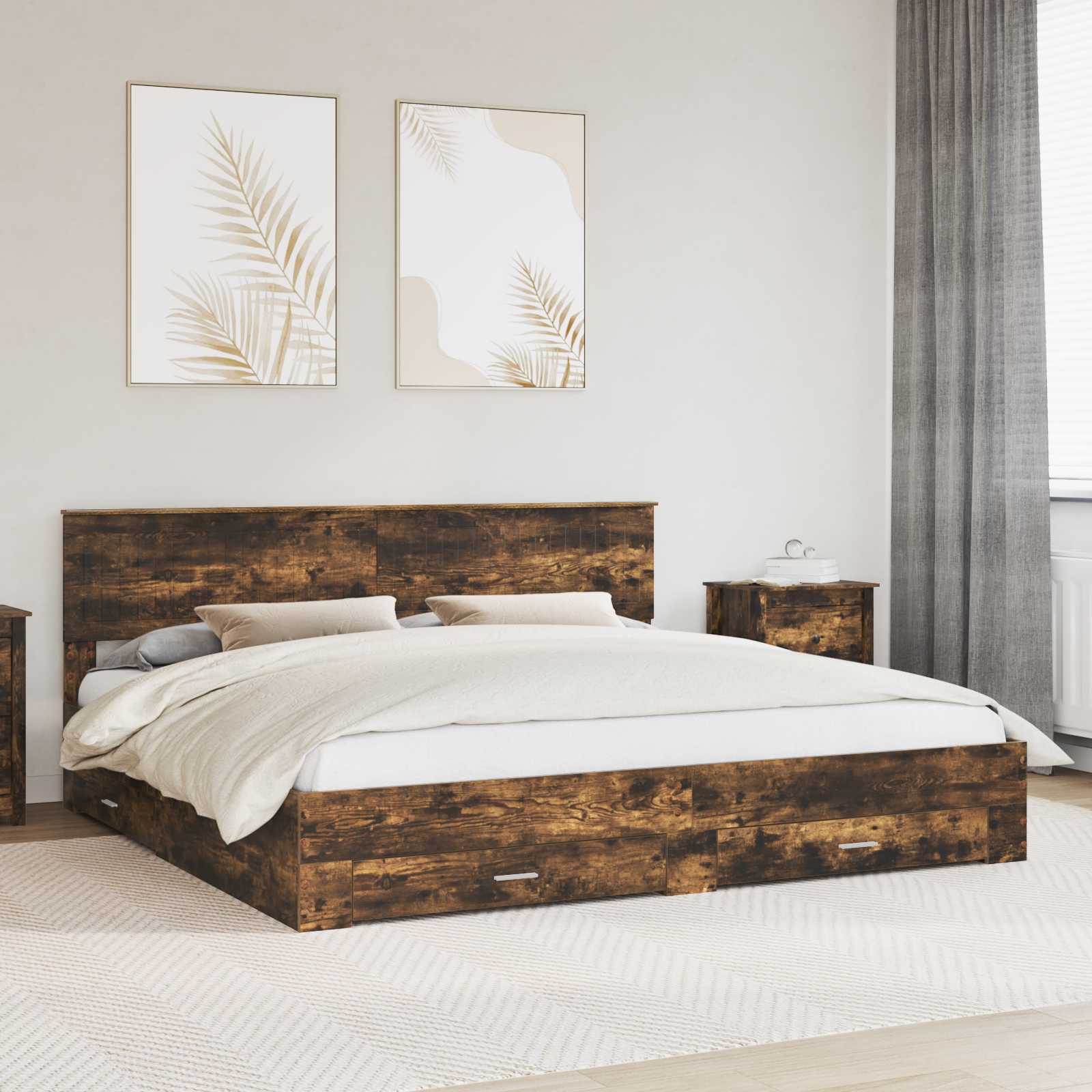 Bed Frame with Drawer Smoked Oak 200 x 200 cm Engineered Wood