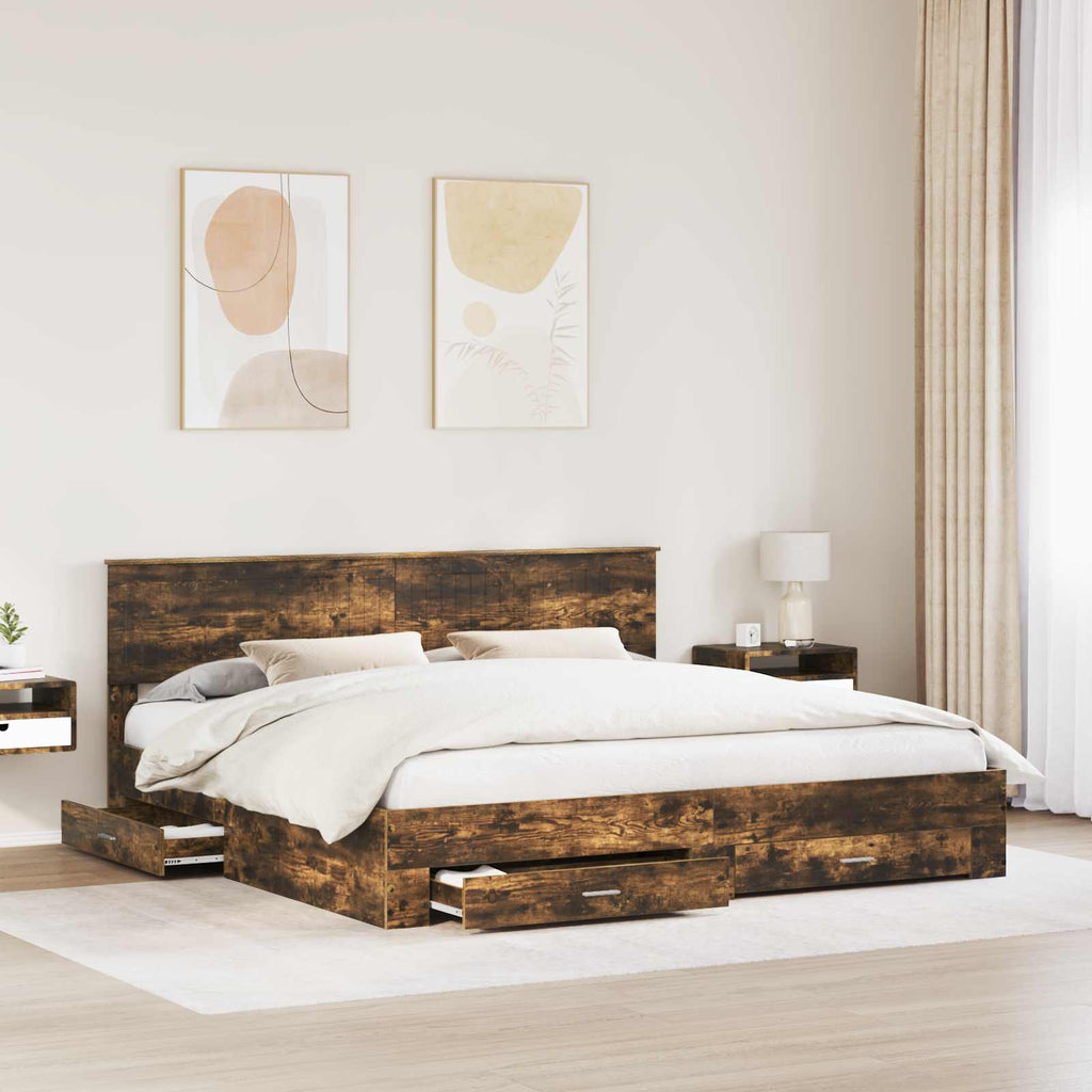 Bed Frame with Drawer Smoked Oak 200 x 200 cm Engineered Wood