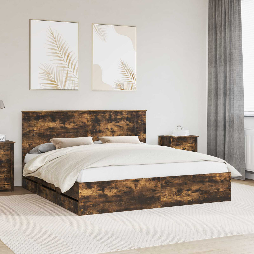 Bed Frame with Drawer Smoked Oak 180 x 200 cm Engineer Wood