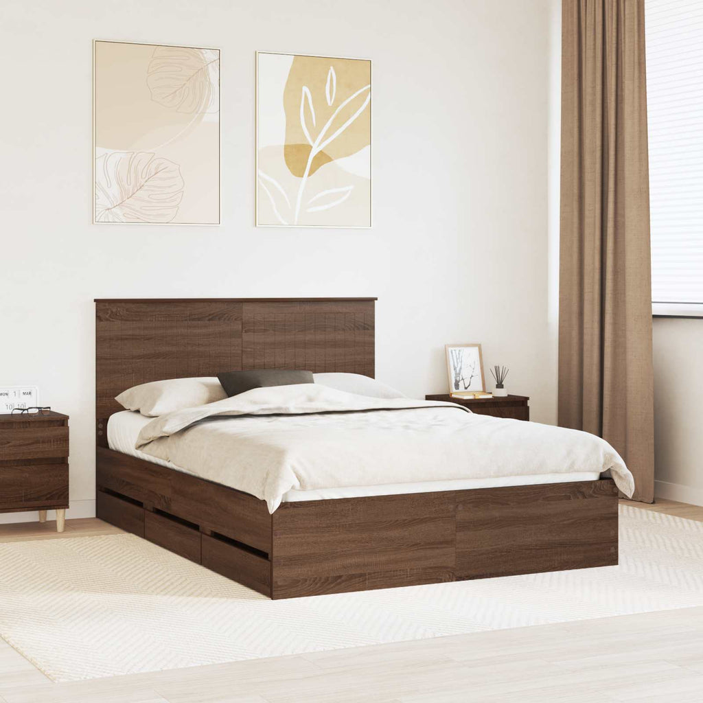 Bed Frame with Drawer Brown Oak 135 x 190 cm Engineer Wood