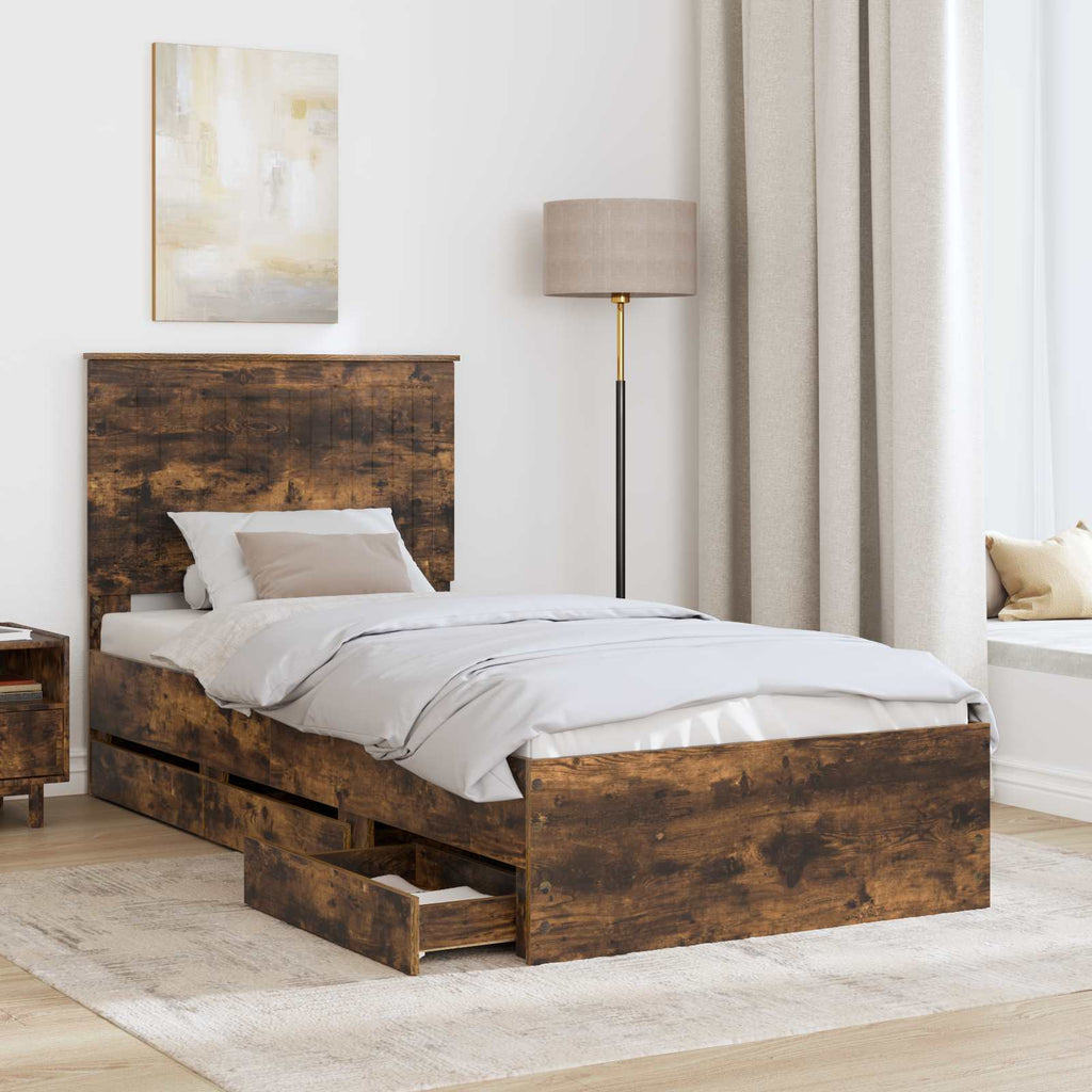 Bed Frame with Drawer Smoked Oak 90 x 190 cm Engineer Wood
