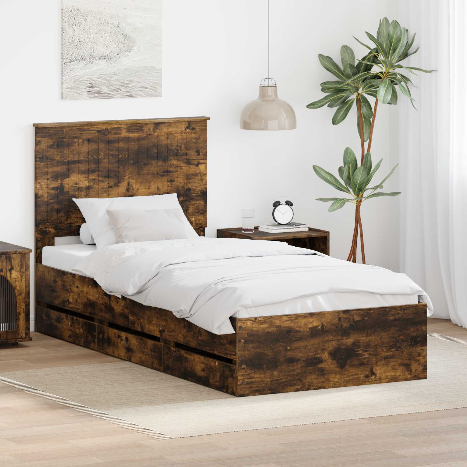 Bed Frame with Drawer Smoked Oak 90 x 200 cm Engineer Wood