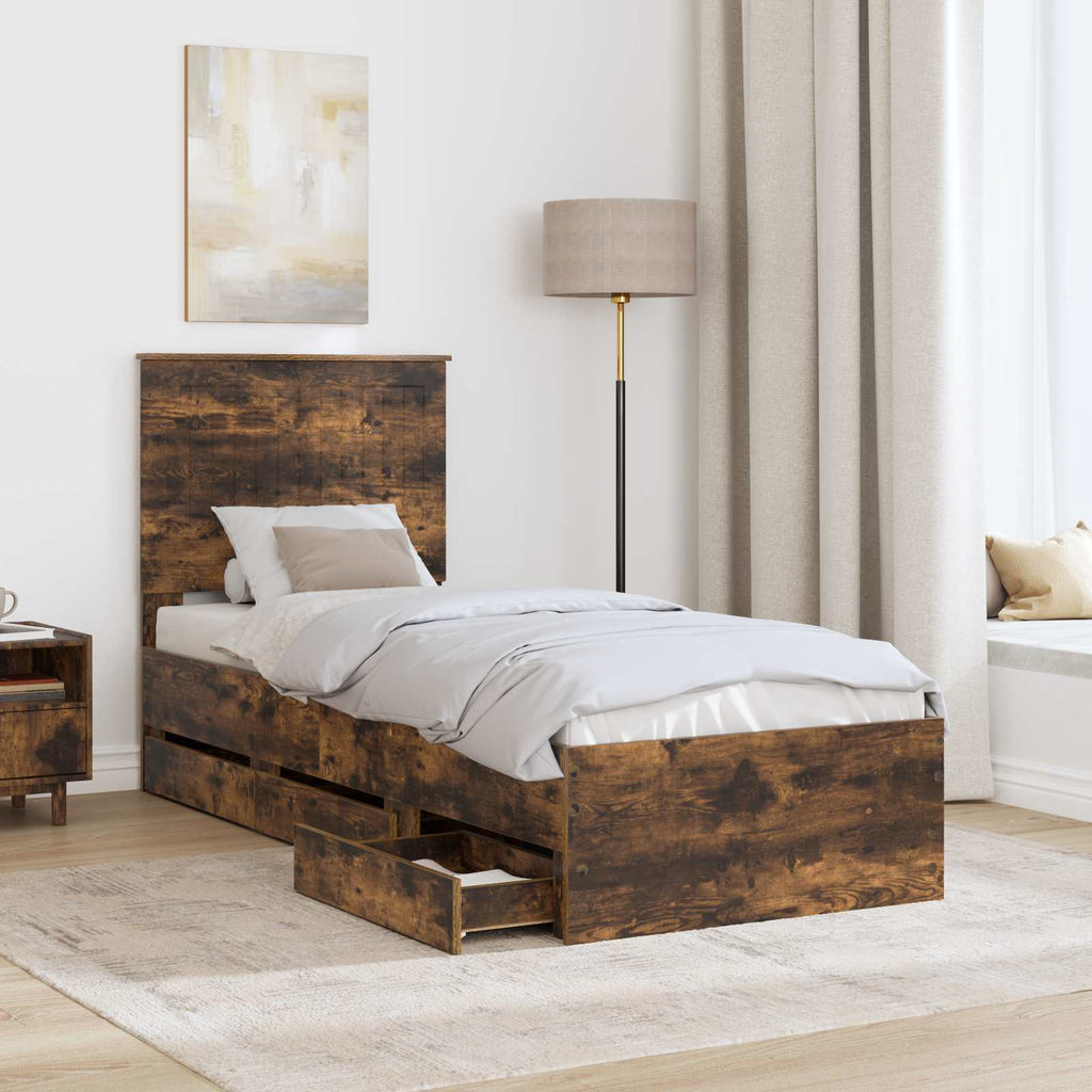 Bed Frame with Drawer Smoked Oak 75 x 190 cm Engineer Wood