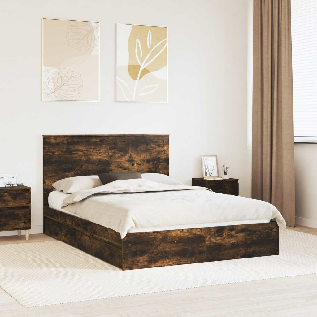 Storage Bed with Drawer Smoked Oak 140 x 200 cm Engineered Wood