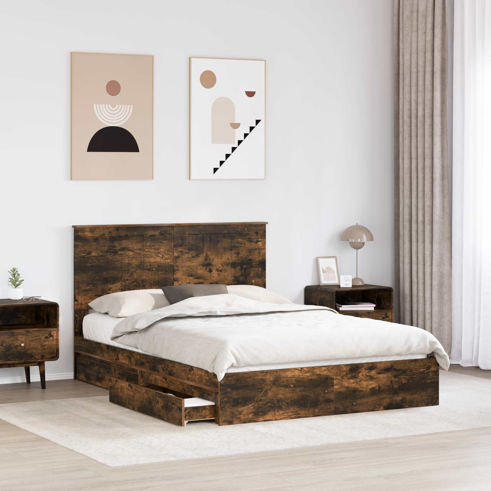 Storage Bed with Drawer Smoked Oak 140 x 200 cm Engineered Wood