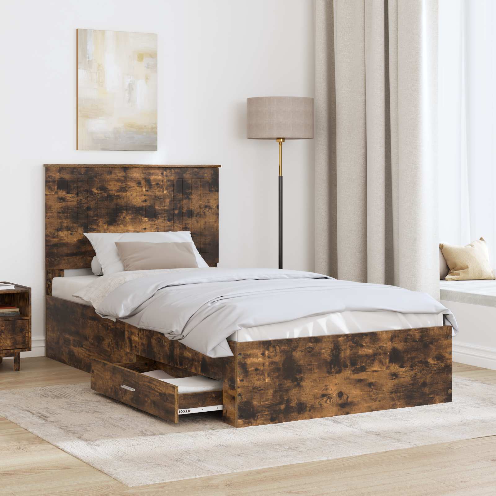 Bed Frame with Drawer Smoked Oak 100 x 200 cm Engineered Wood