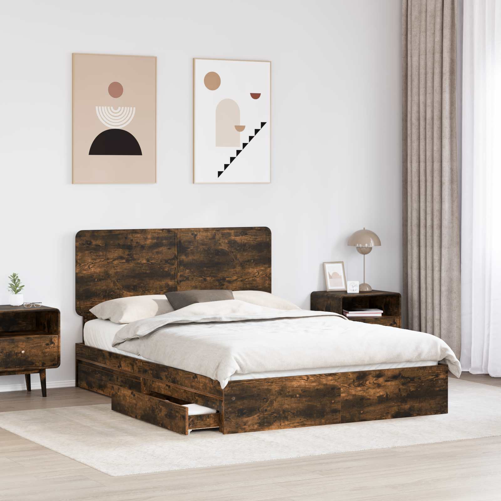 Storage Bed with Drawer Smoked Oak 140 x 200 cm Engineered Wood