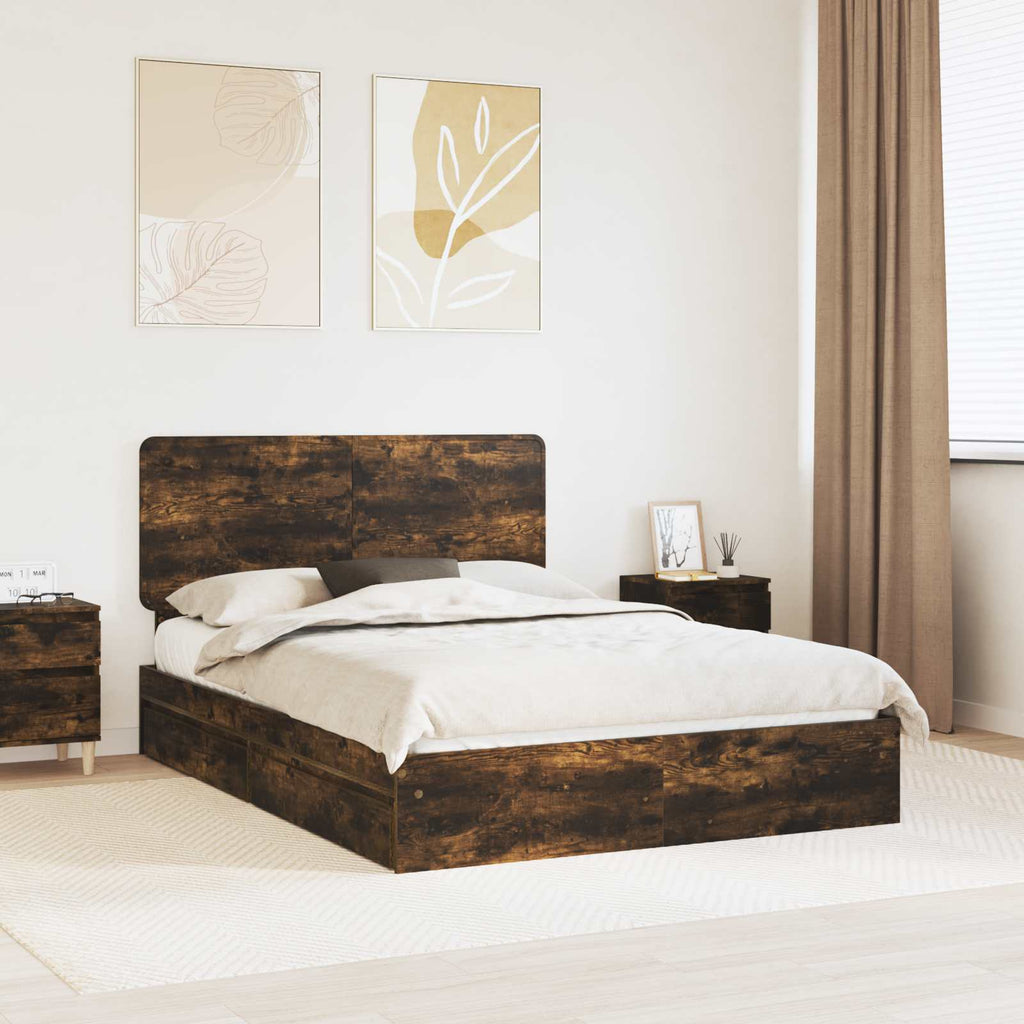 Storage Bed with Drawer Smoked Oak 140 x 190 cm Engineered Wood