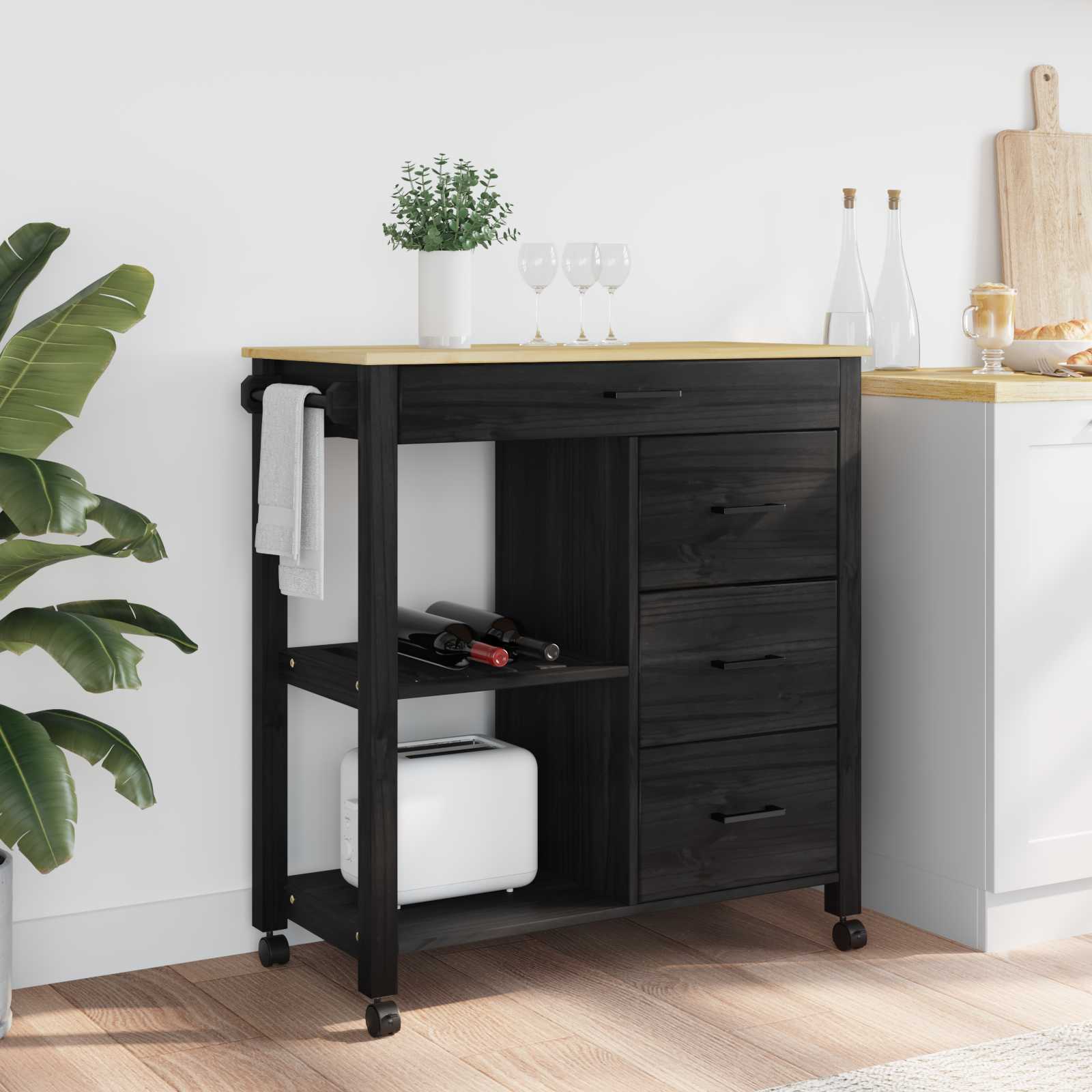 Kitchen Trolley Black 88.5 x 40 x 84 cm Solid Pine Wood
