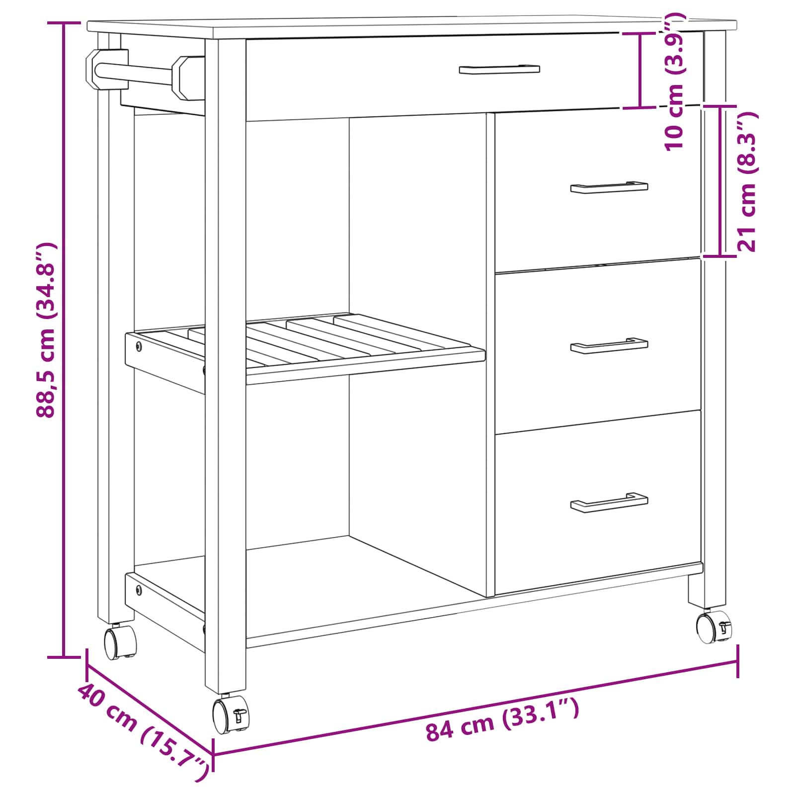 Kitchen Trolley Black 88.5 x 40 x 84 cm Solid Pine Wood