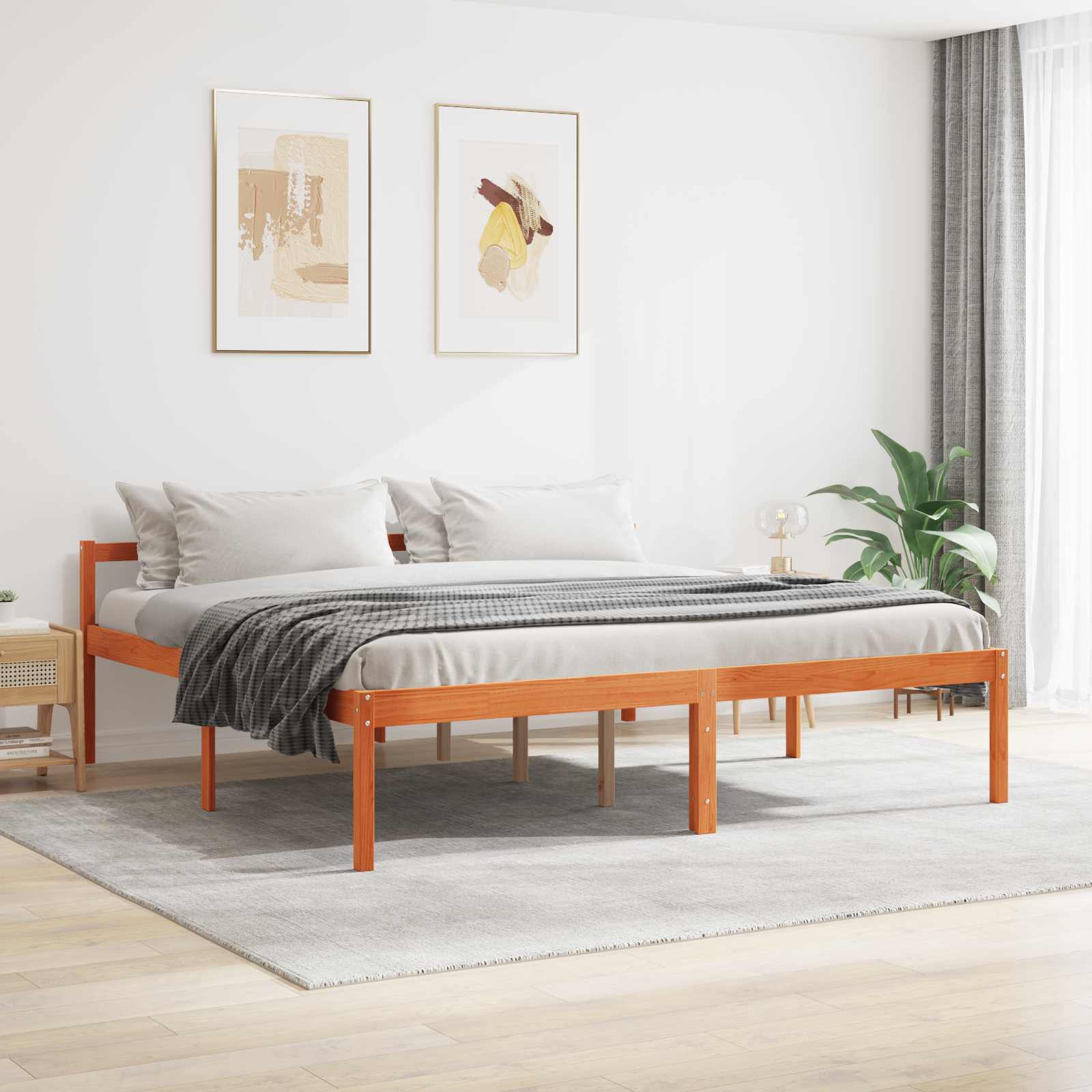 Bed Frame with Headboard Wax Brown 200 x 200 cm Solid Pine Wood
