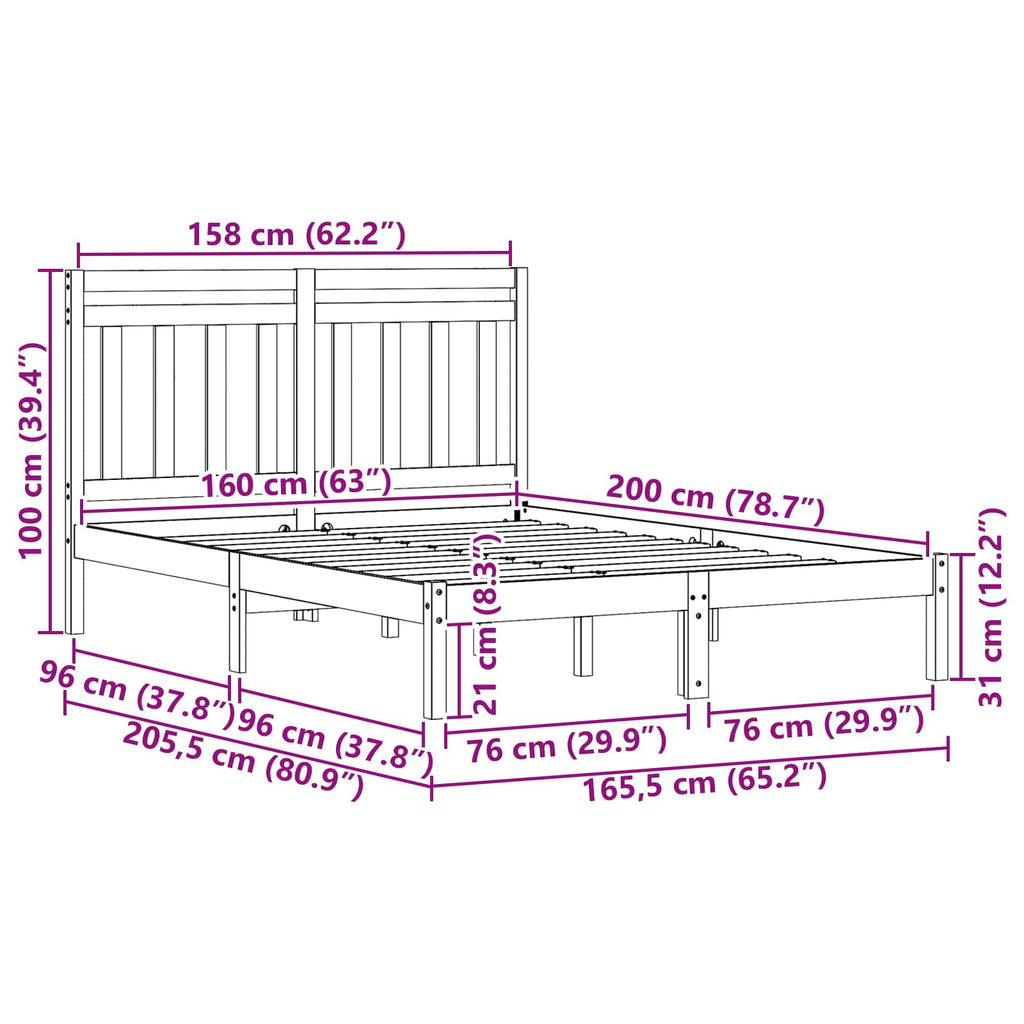 Bed Frame Wax Brown 205.5 x 165.5 x 100 cm Solid Pine Wood