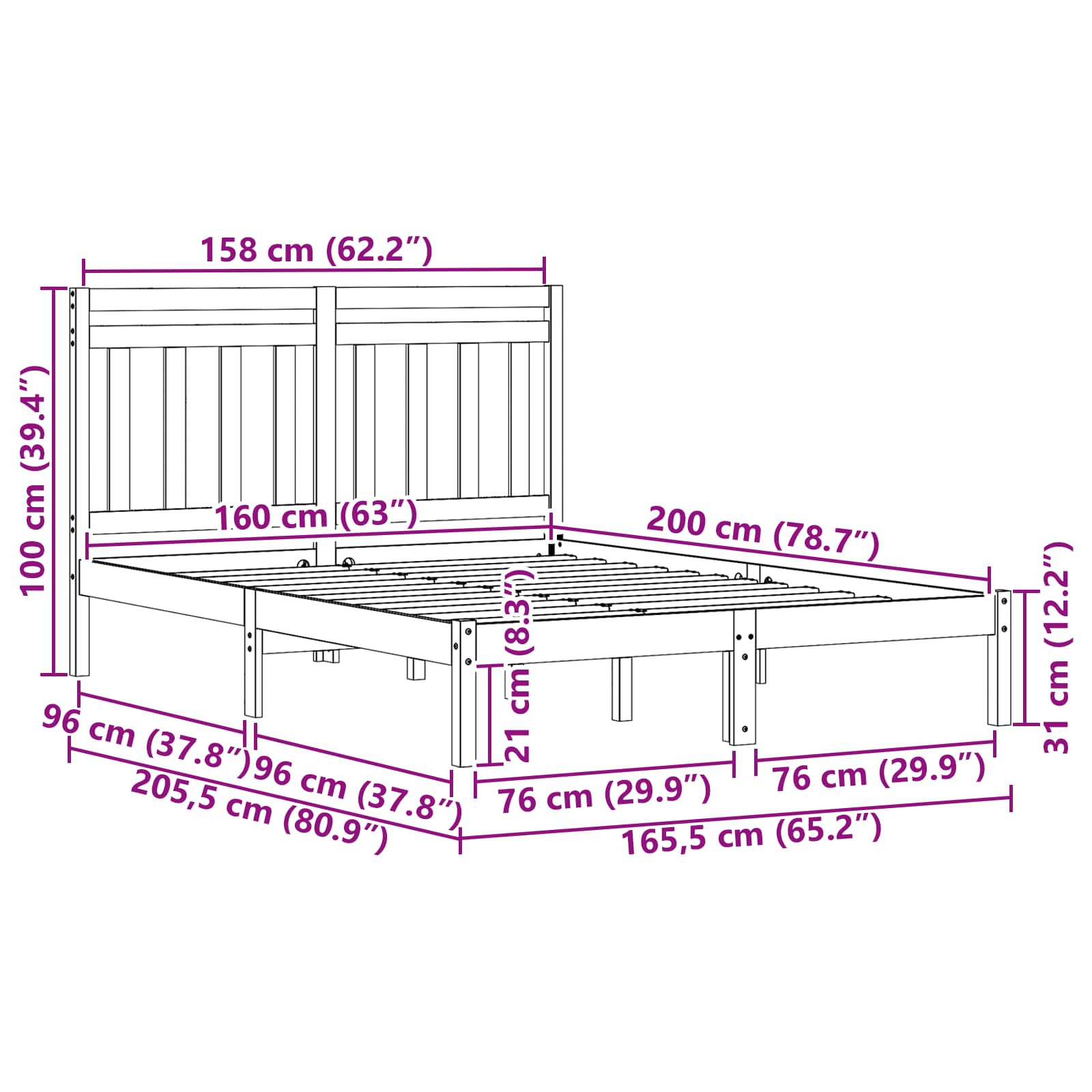Bed Frame Wax Brown 205.5 x 165.5 x 100 cm Solid Pine Wood