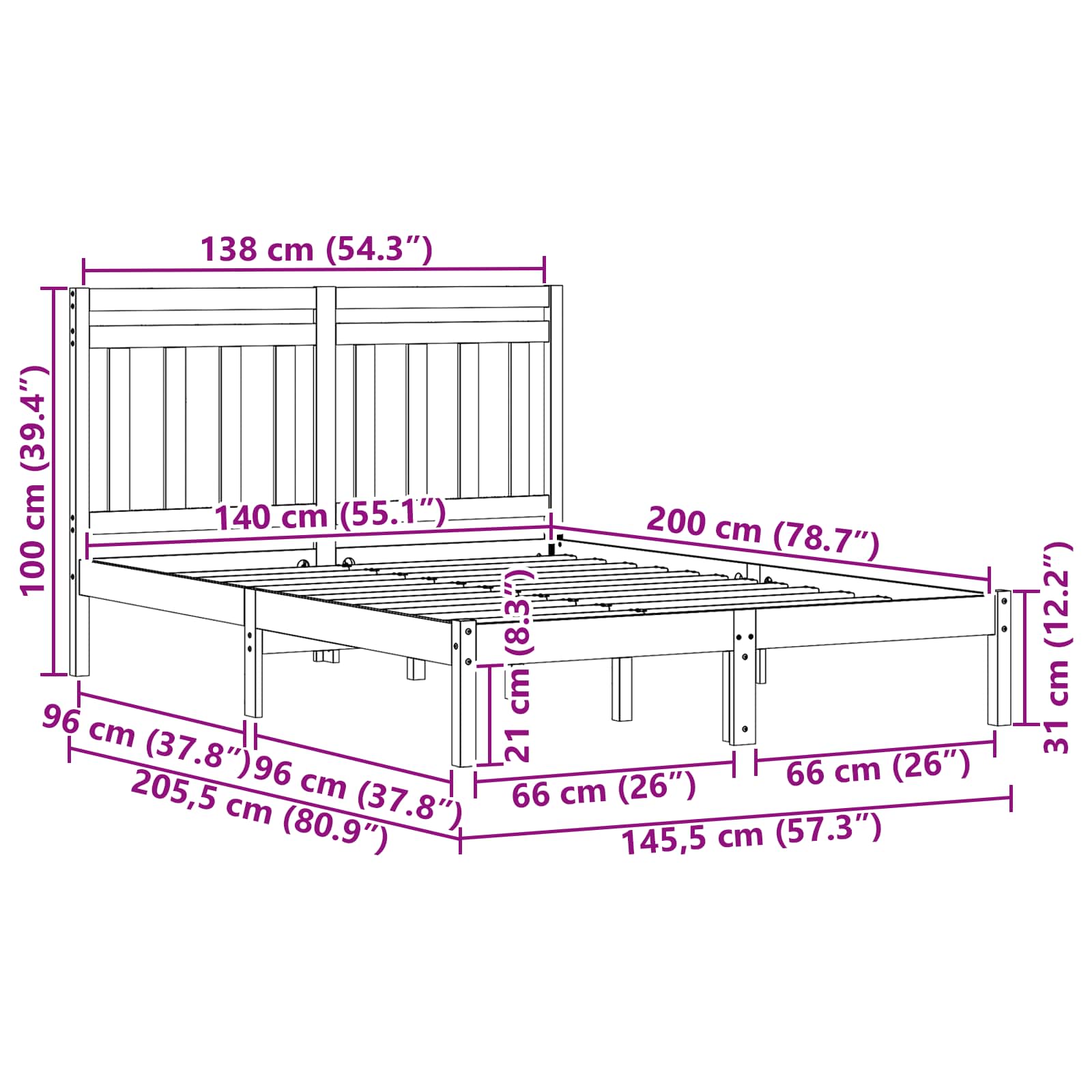 Bed Frame Wax Brown 205.5 x 145.5 x 100 cm Solid Pine Wood