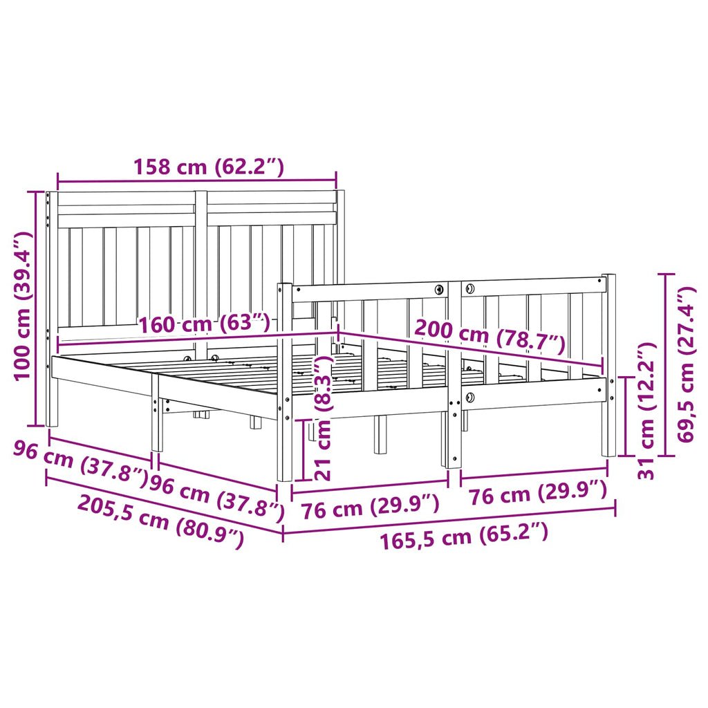Bed Frame Wax Brown 205.5 x 165.5 x 100 cm Solid Pine Wood
