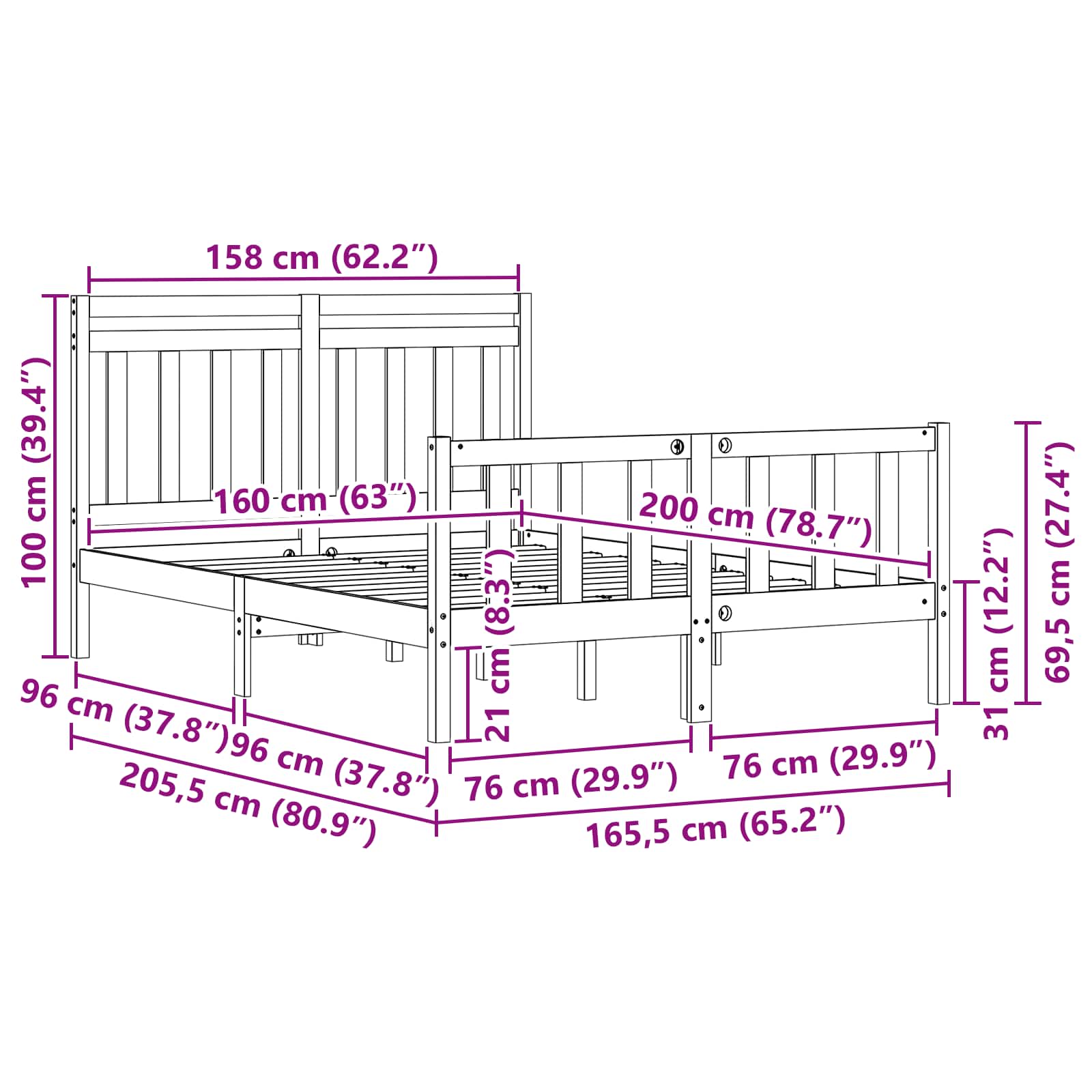 Bed Frame Wax Brown 205.5 x 165.5 x 100 cm Solid Pine Wood