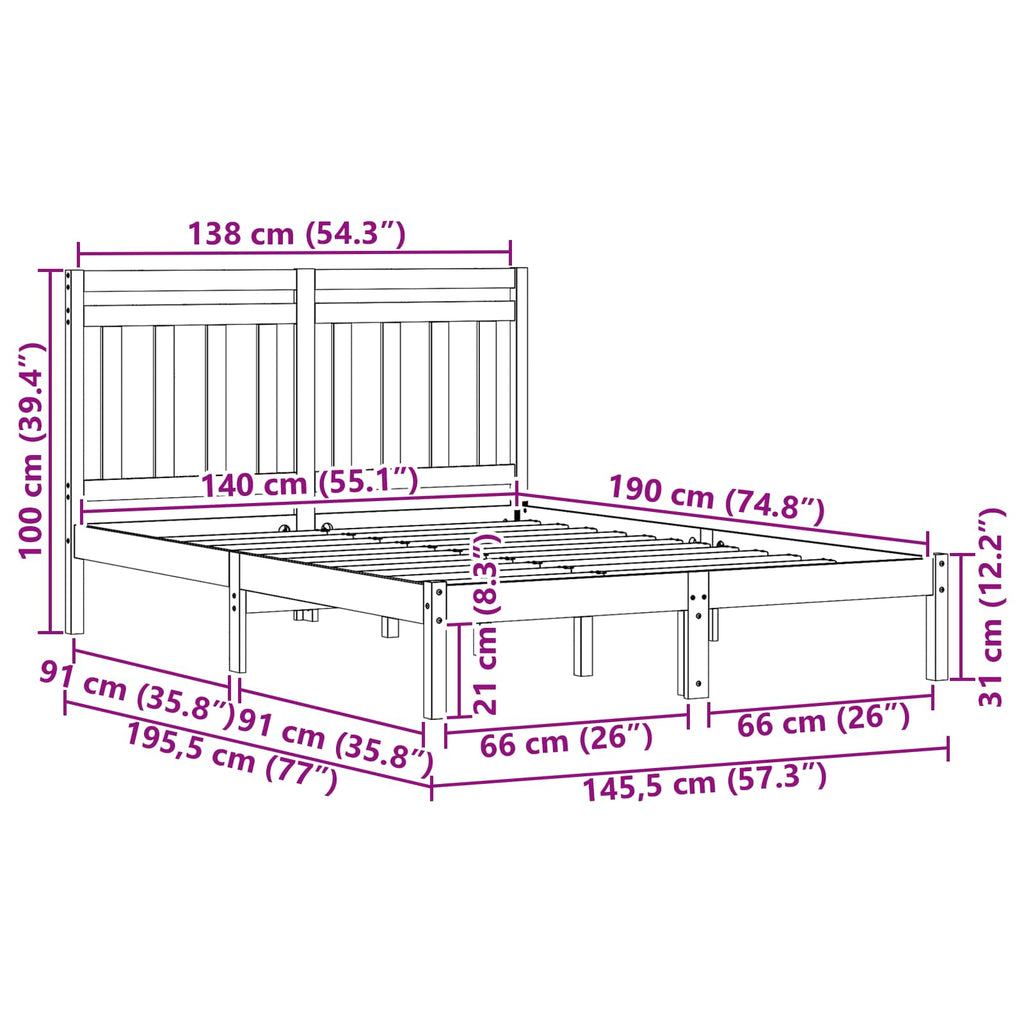 Bed Frame Wax Brown 205.5 x 145.5 x 100 cm Solid Pine Wood