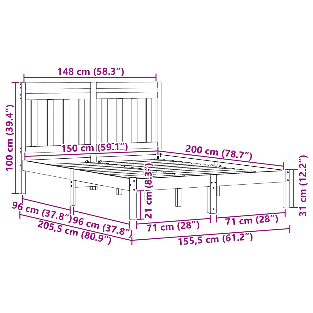 Bed Frame Wax Brown 205.5 x 155.5 x 100 cm Solid Pine Wood
