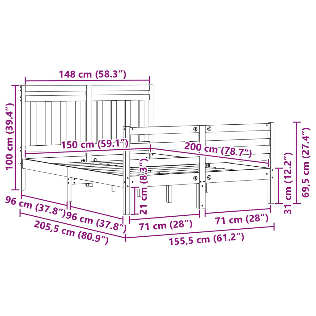 Bed Frame with Headboard Wax Brown 150 x 200 cm