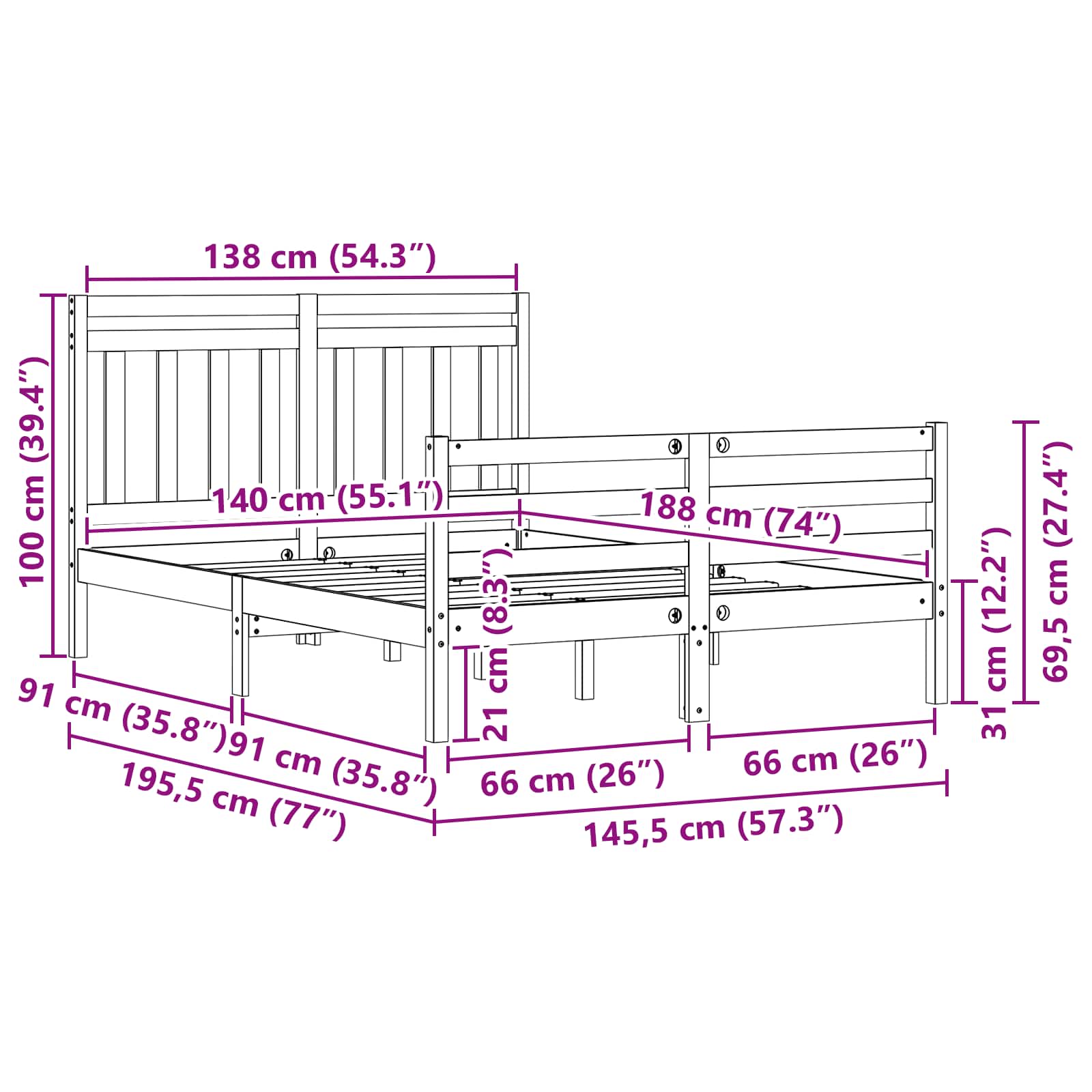 Bed Frame with Headboard Wax Brown 140 x 188 cm