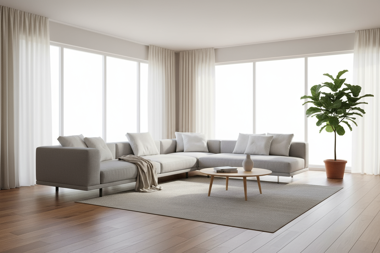 A bright and modern living room with a minimalist gray sectional sofa accented with white throw pillows and a soft beige blanket. Natural light streams in through large windows, illuminating the space with soft, even lighting (not too dim). The room features warm wooden flooring, neutral walls, light curtains, and subtle greenery like a potted indoor plant in the corner. The atmosphere feels calm, cozy, and refined — styled for a “Living & Lounge” furniture collection.